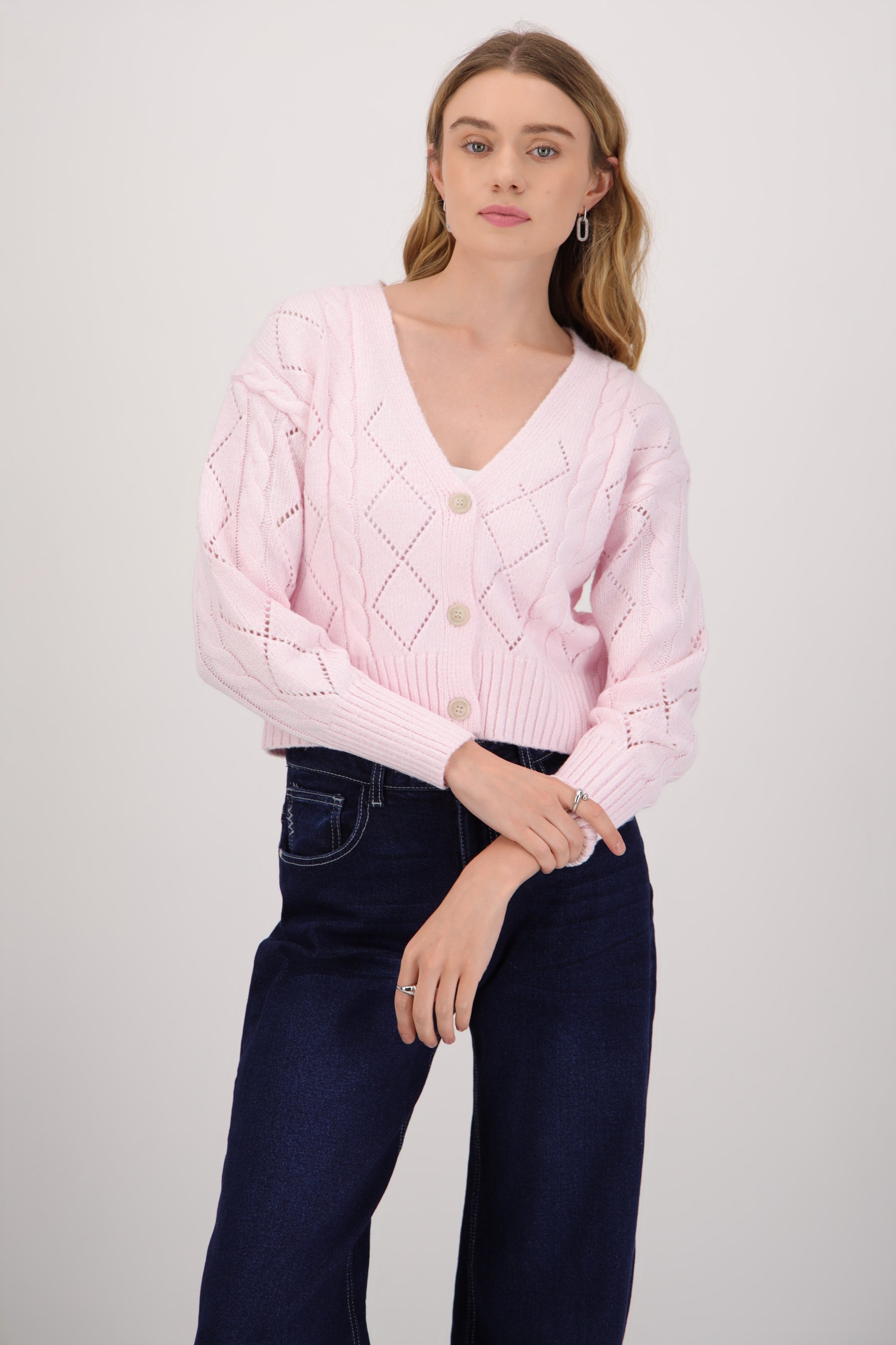 Cardigan tejido trenzado ROSA PASTEL