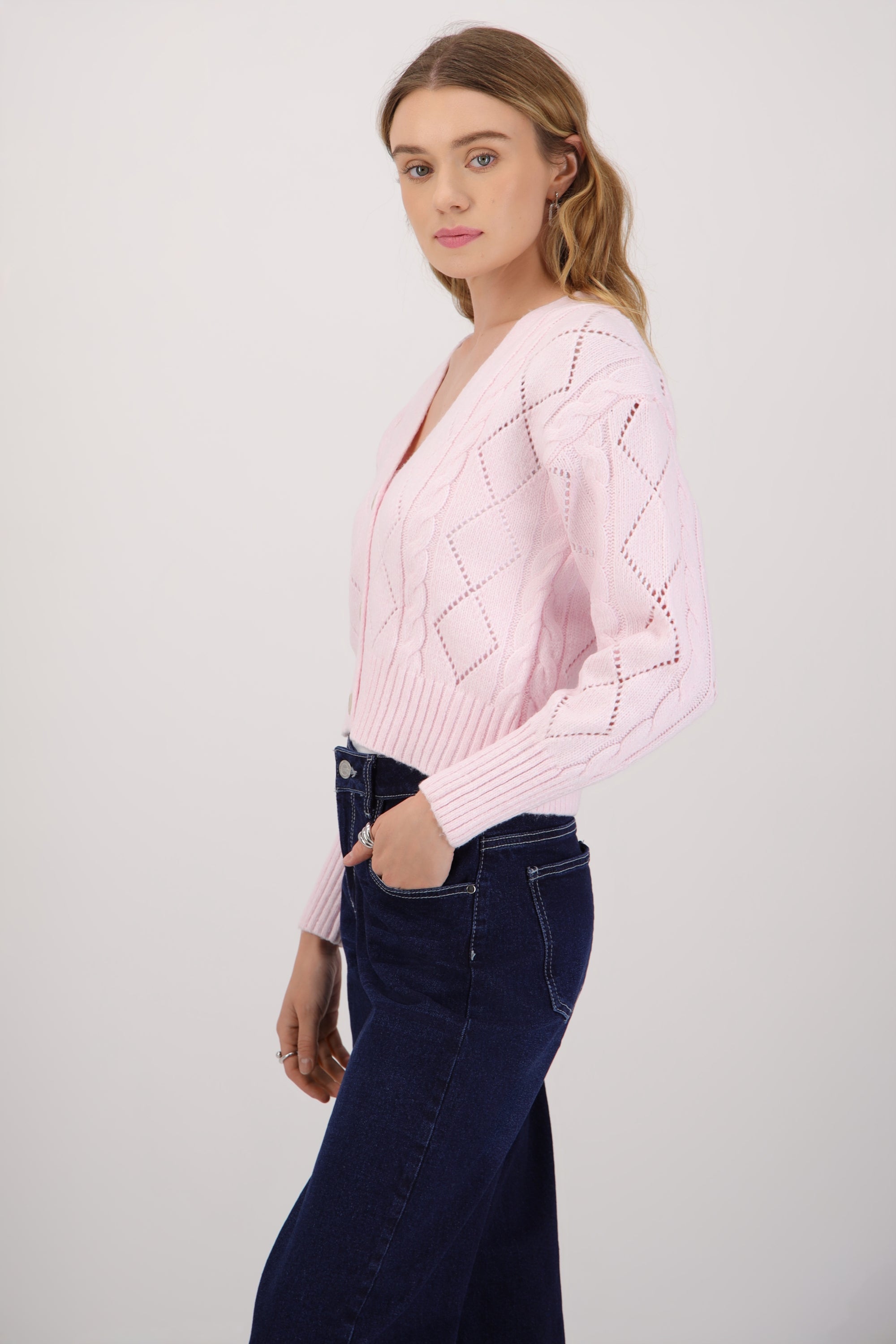 Cardigan tejido trenzado ROSA PASTEL