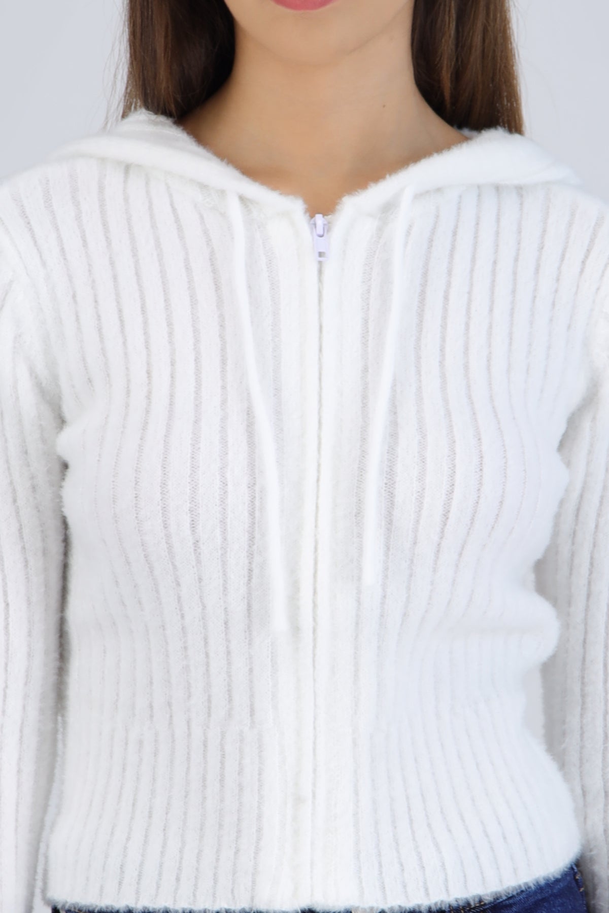 Suéter tejido rib ancho con cierre y gorro BLANCO