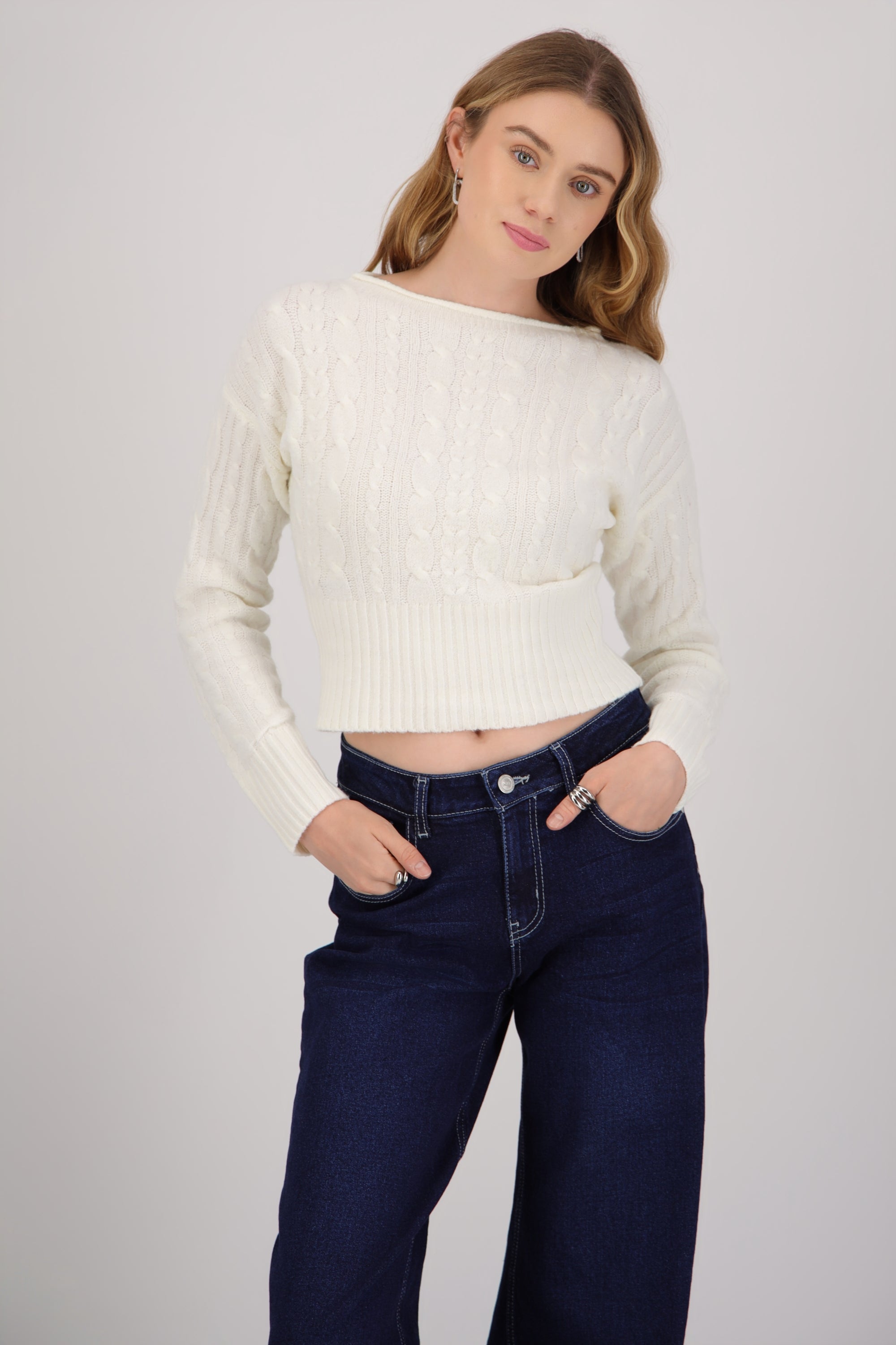 Sueter off shoulder tejido trenzado BLANCO