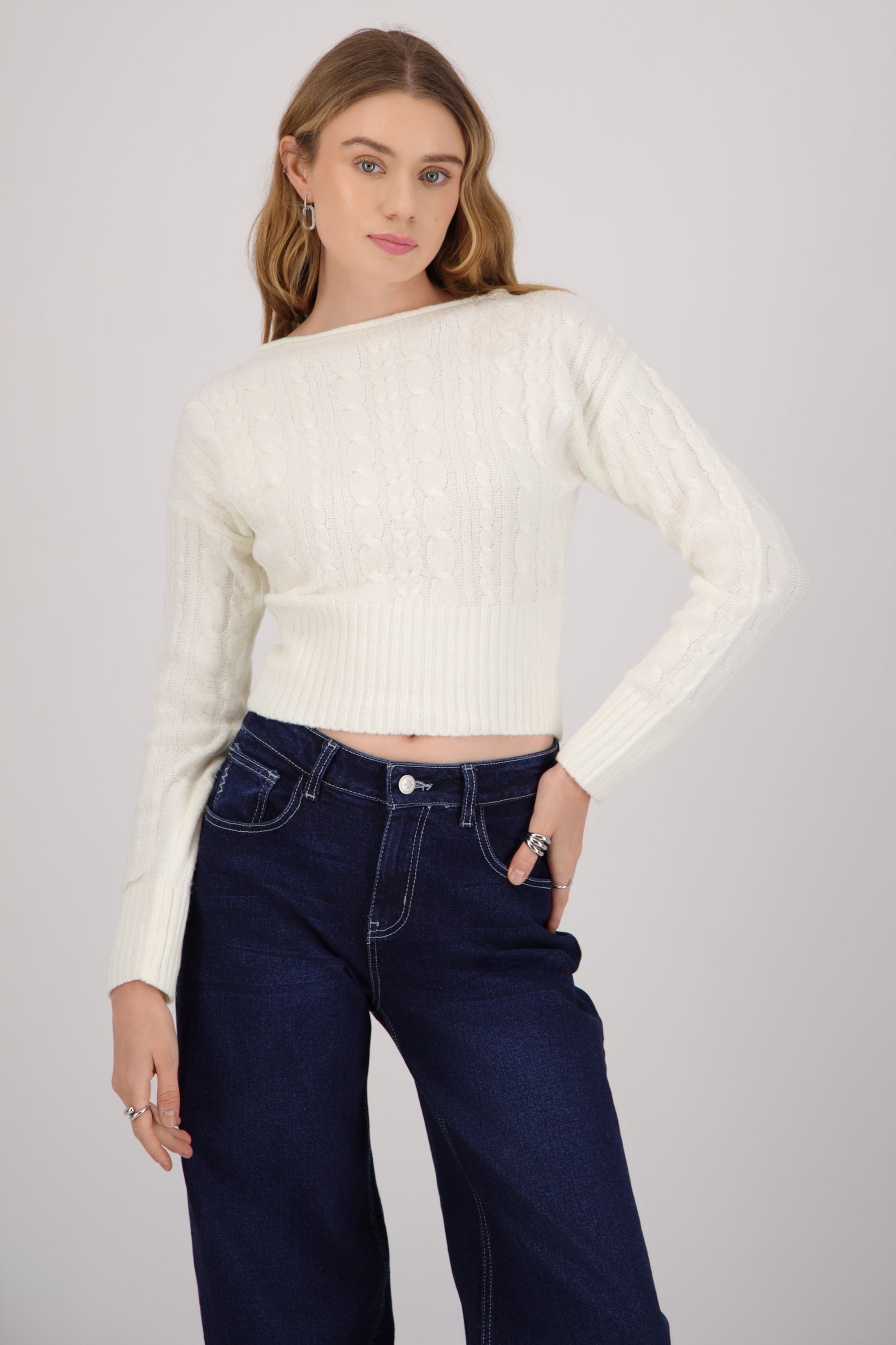 Sueter off shoulder tejido trenzado BLANCO