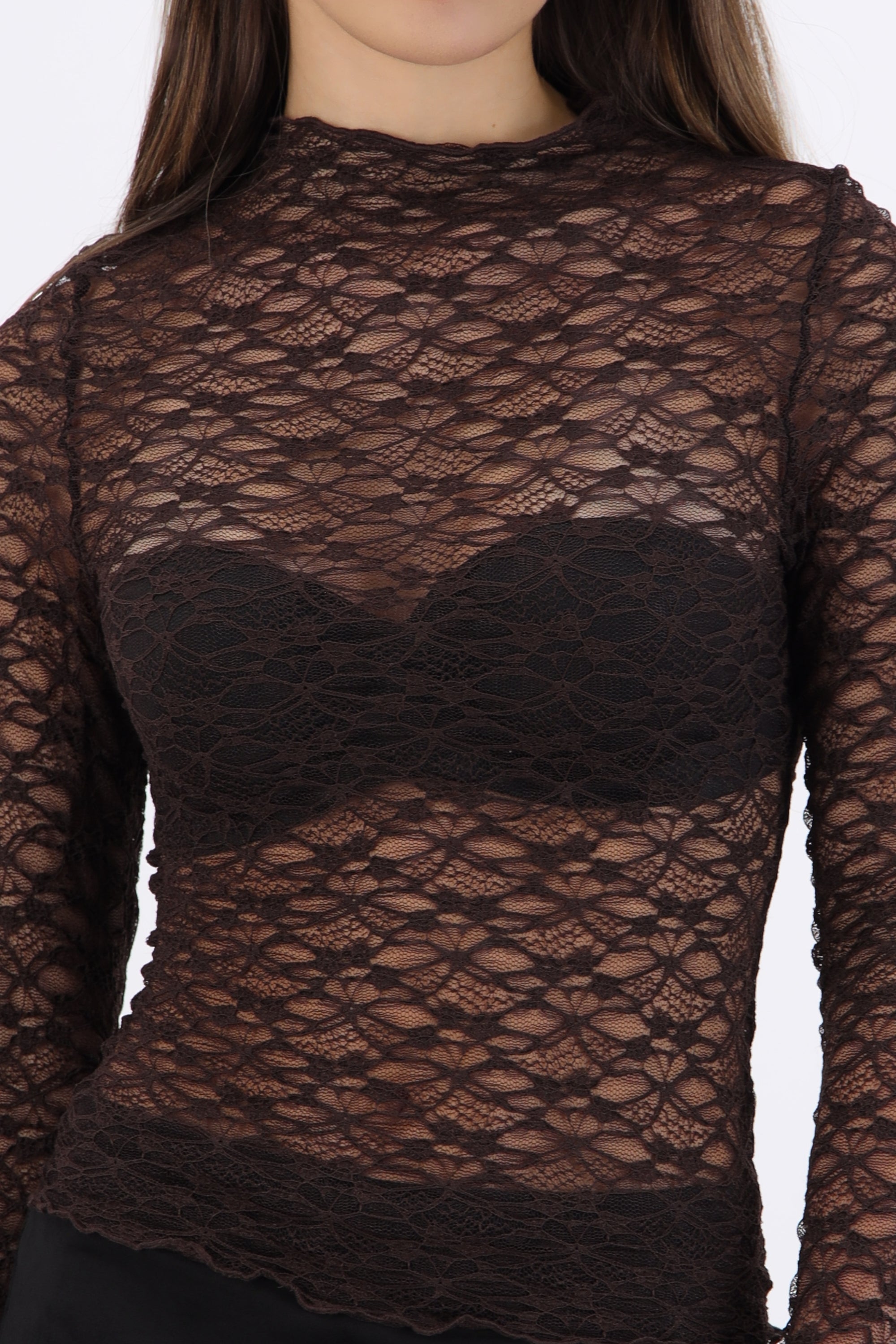 Top manga larga mesh detalle textura CAFE
