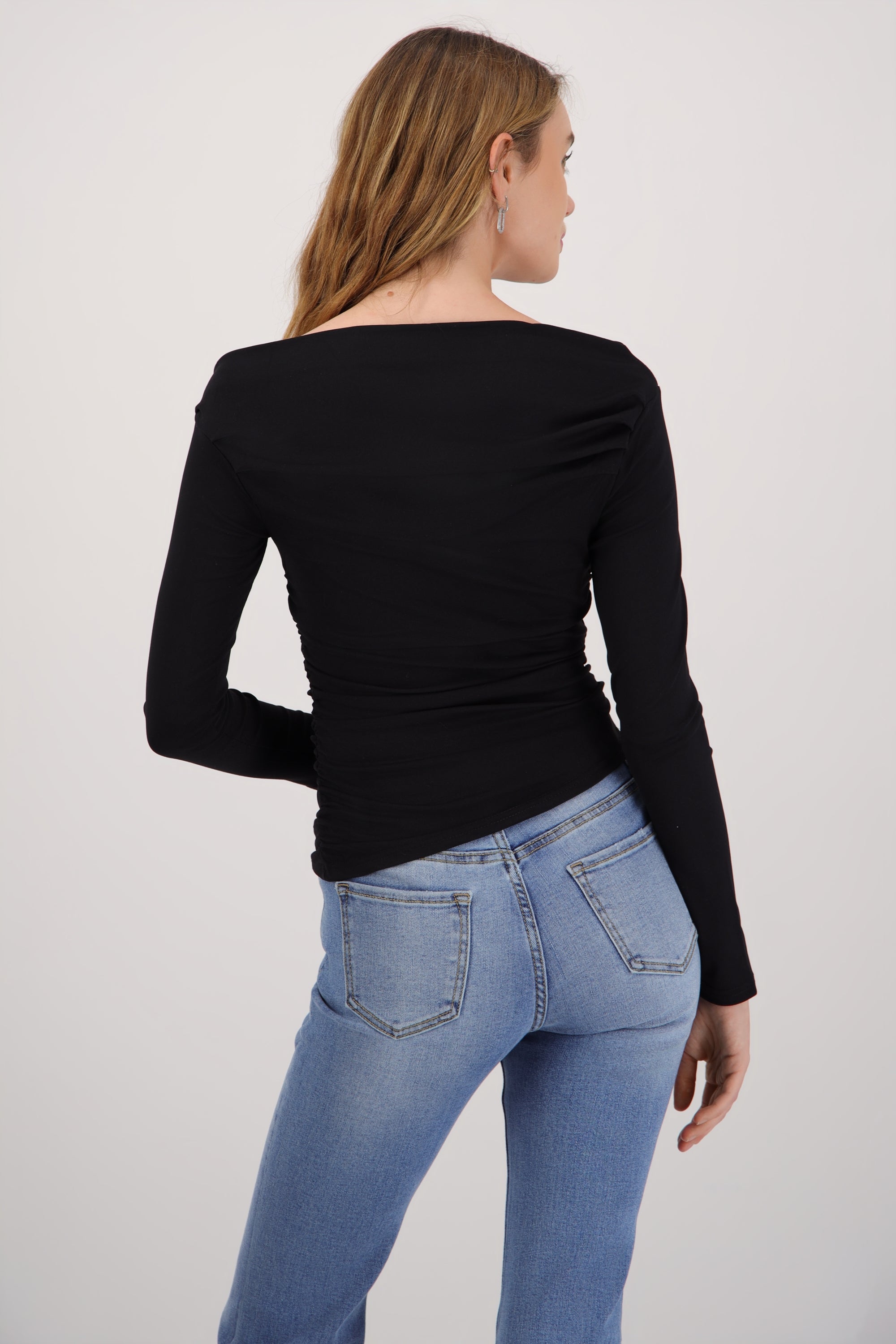 Top manga larga escote cascada drapeado NEGRO