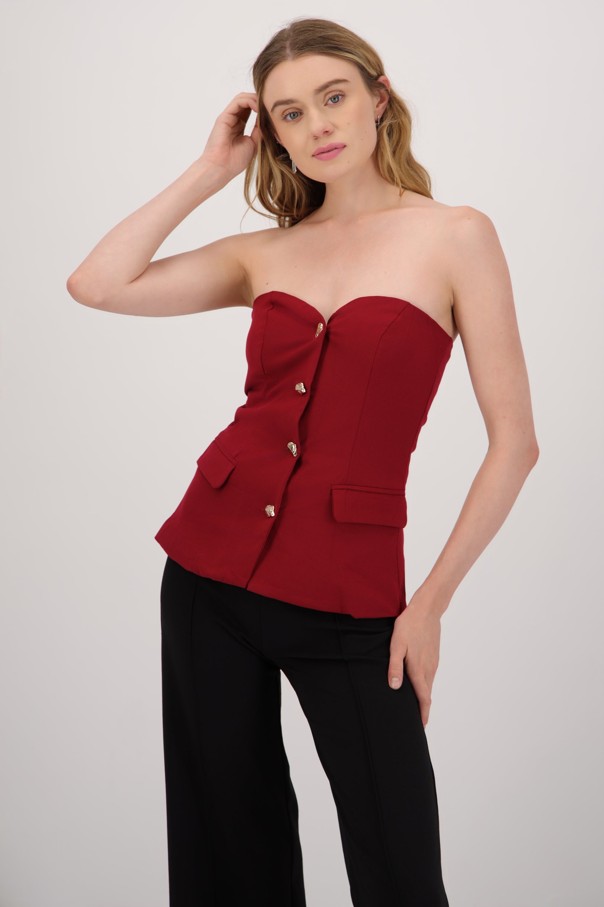 Top strapless detalle botones VINO