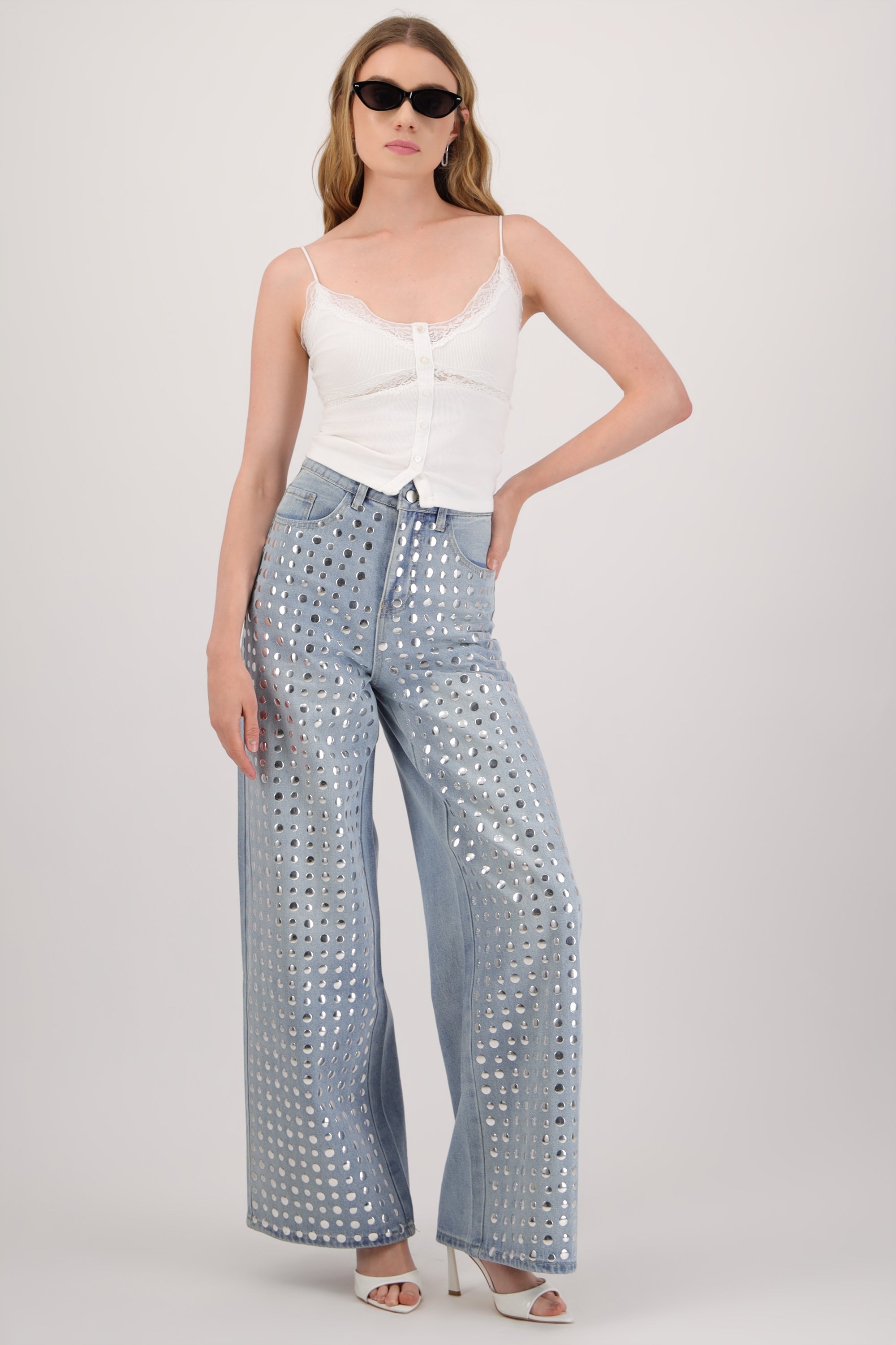 Jeans wide leg full estoperoles LIGHT WASH