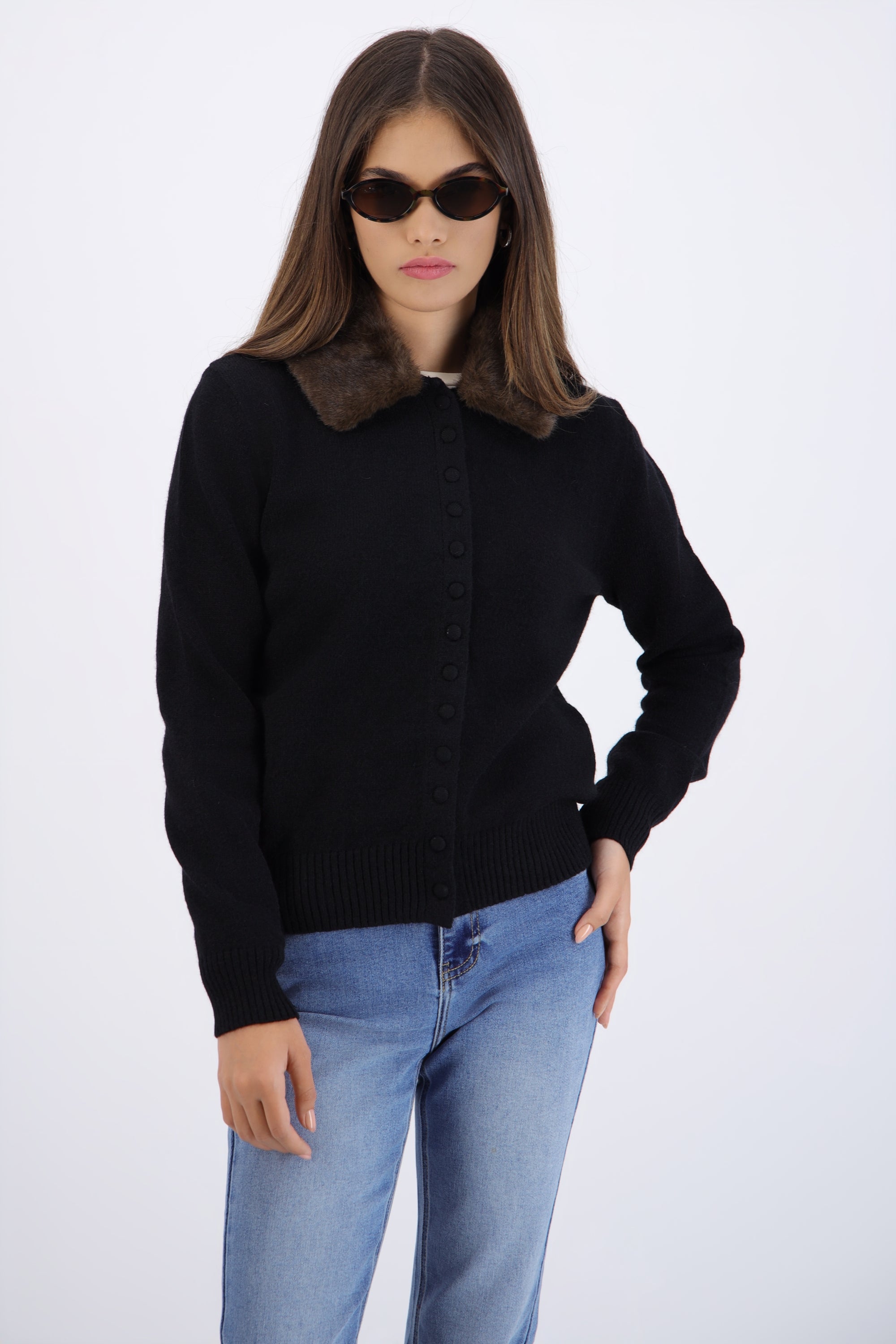 Cárdigan botones cuello fur NEGRO