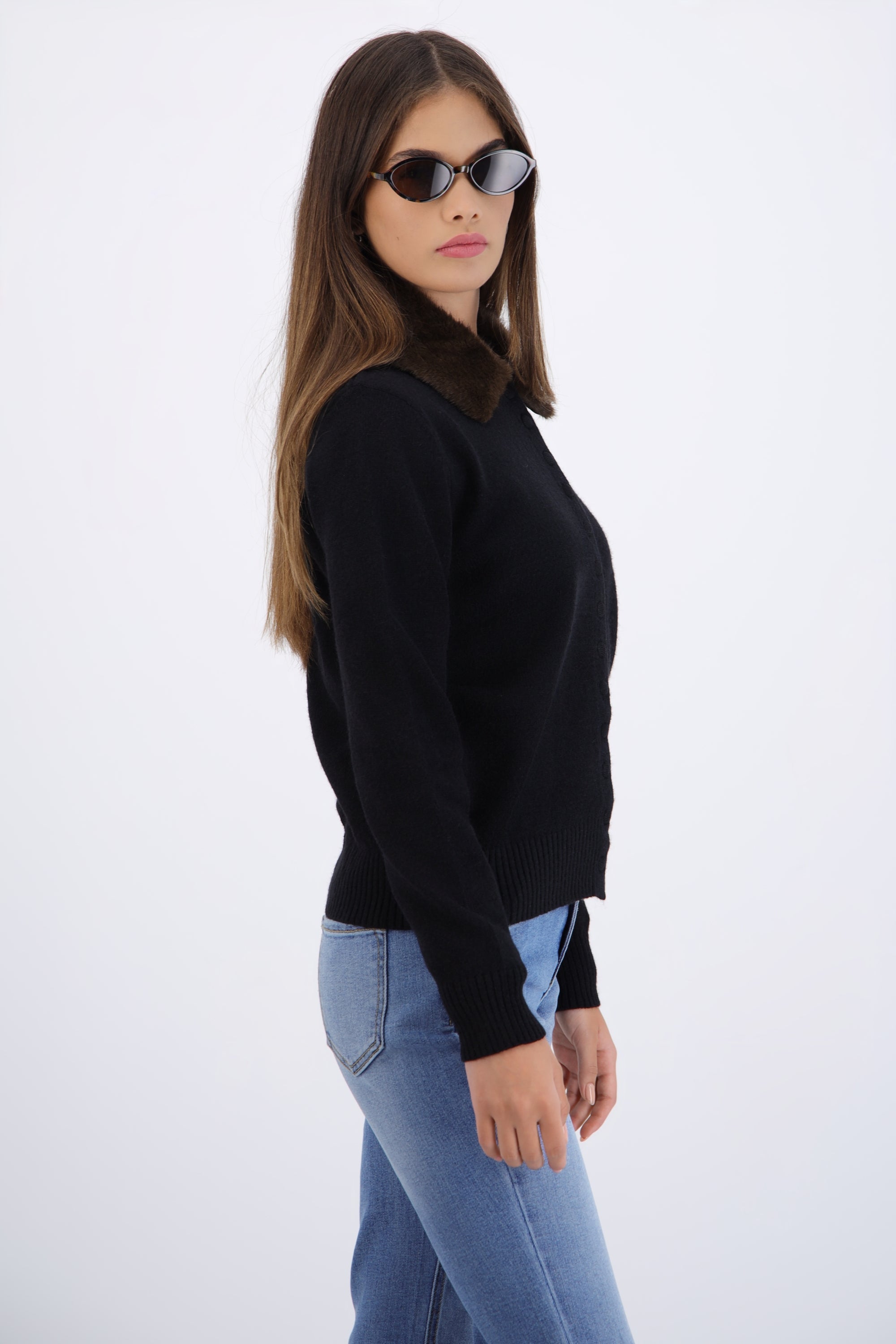 Cárdigan botones cuello fur NEGRO