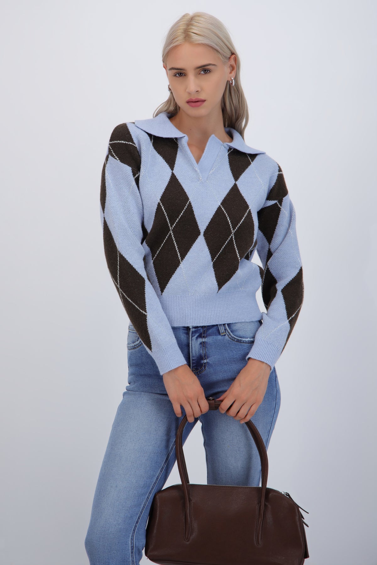 Suéter cuello polo rombos AZUL COMBO