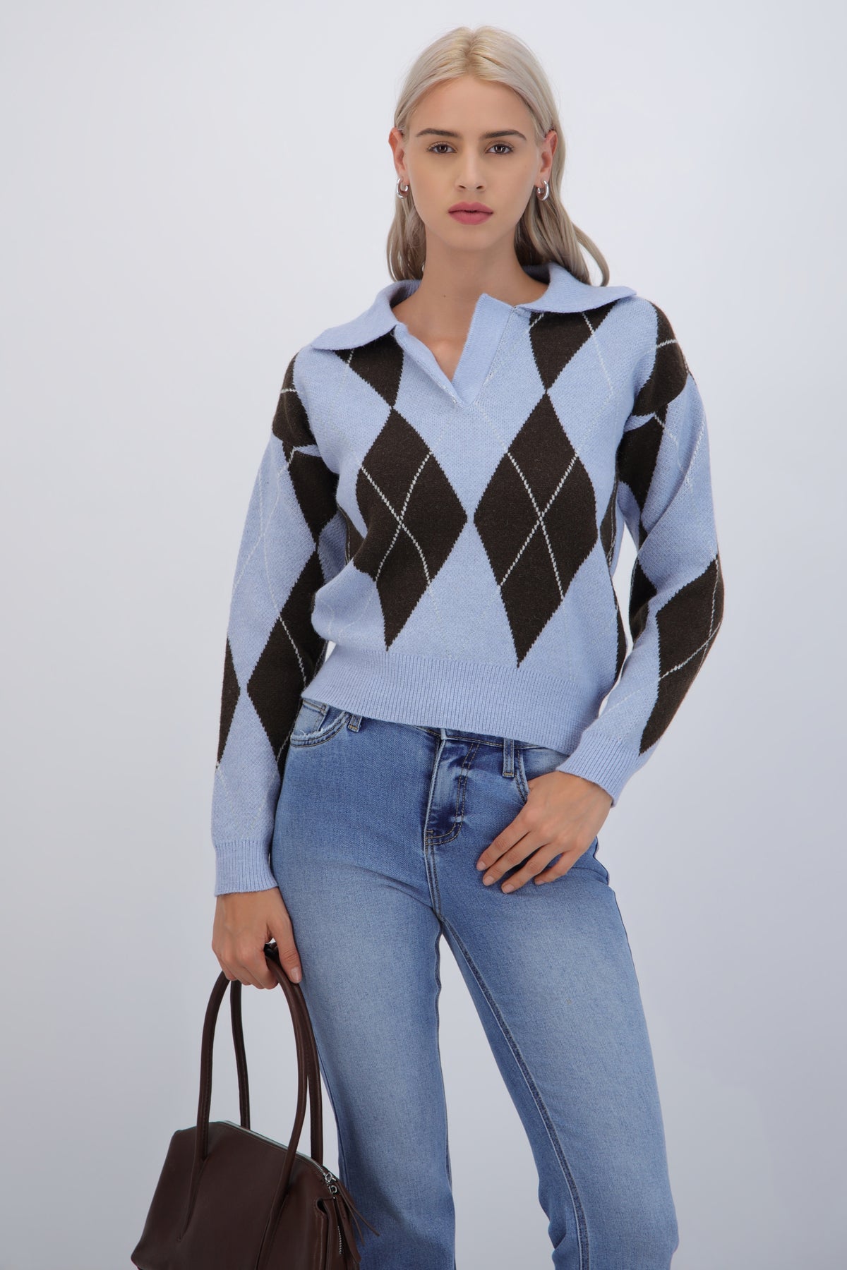 Suéter cuello polo rombos AZUL COMBO