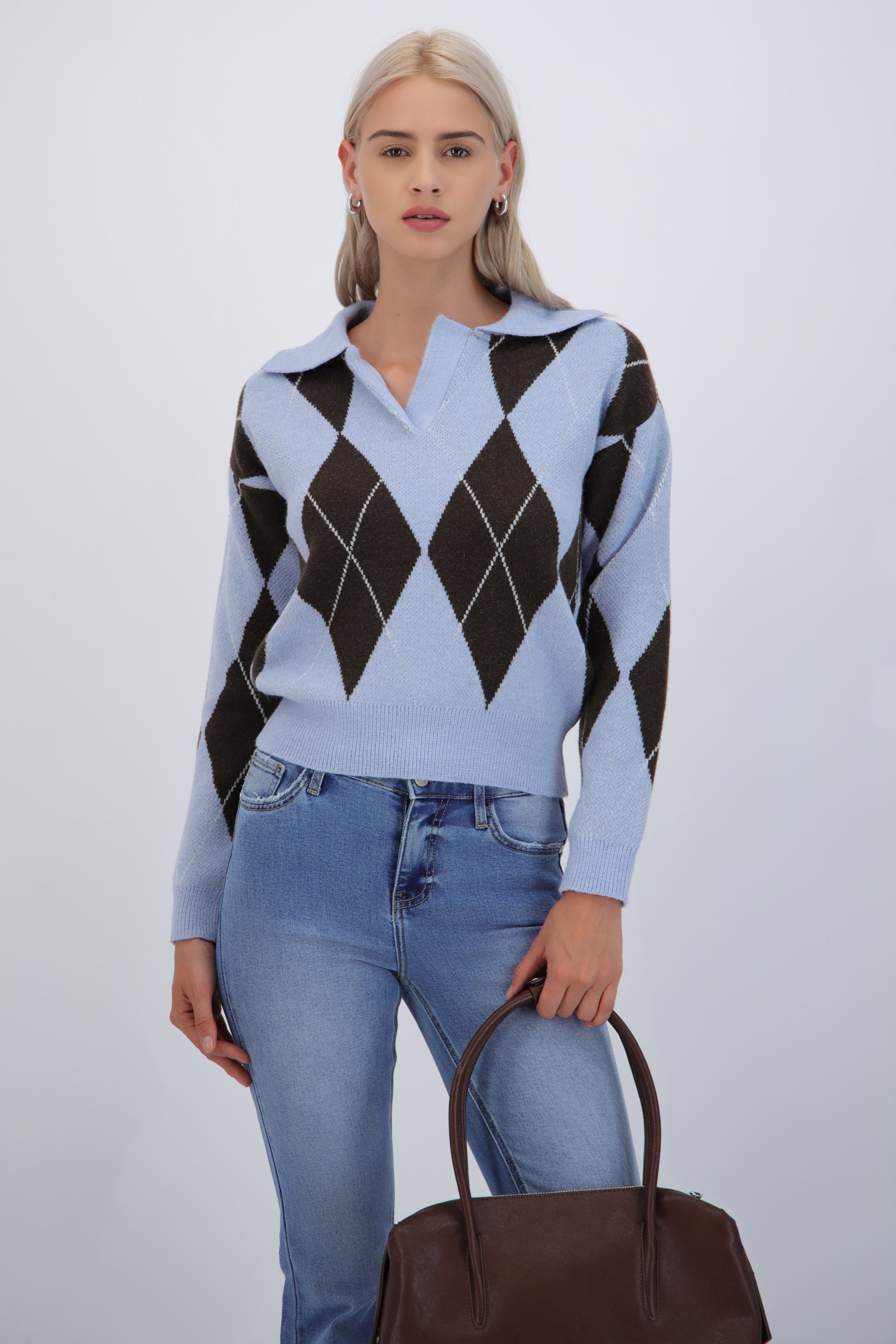 Suéter cuello polo rombos AZUL COMBO