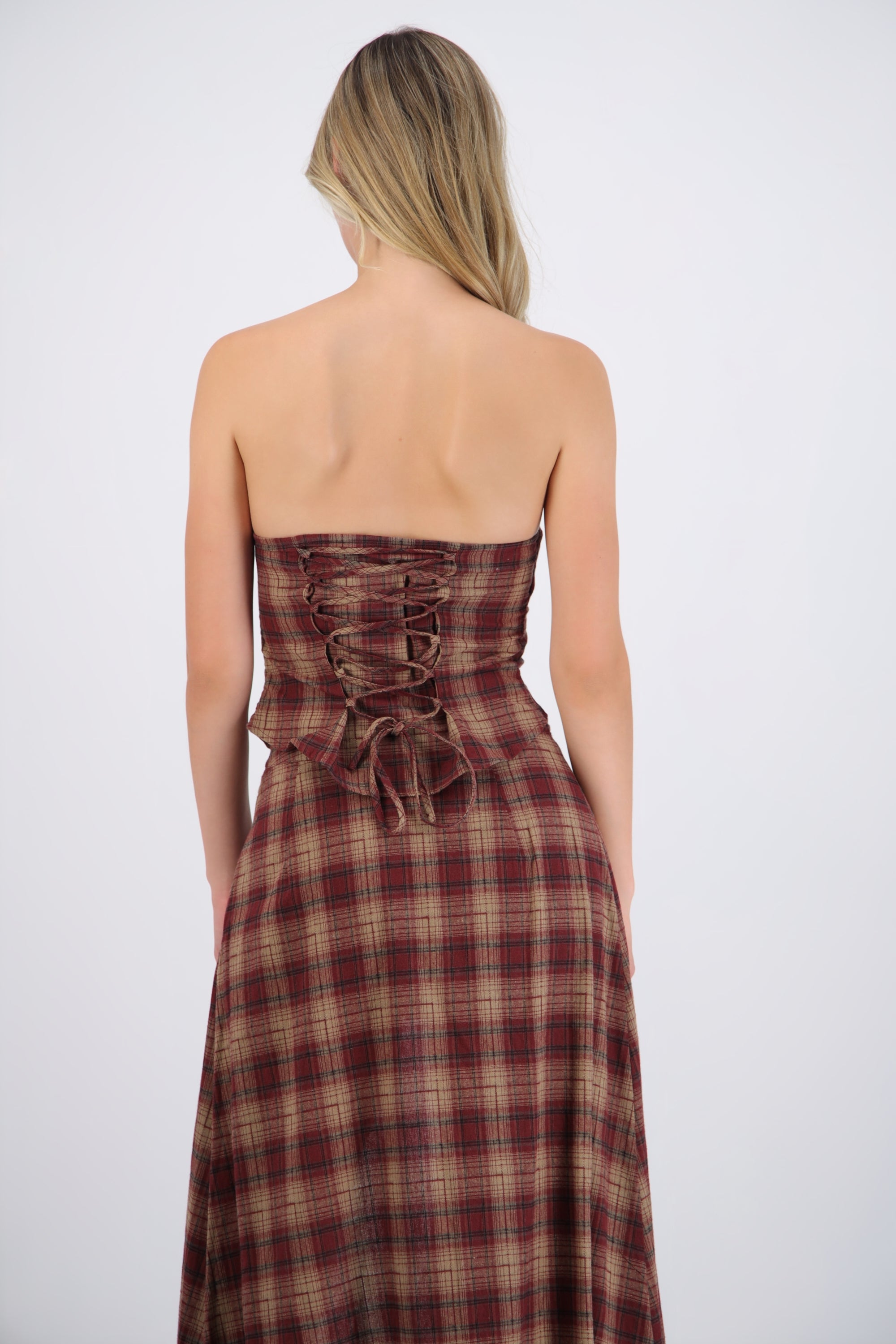 Top strapless cuadros detalle amarre