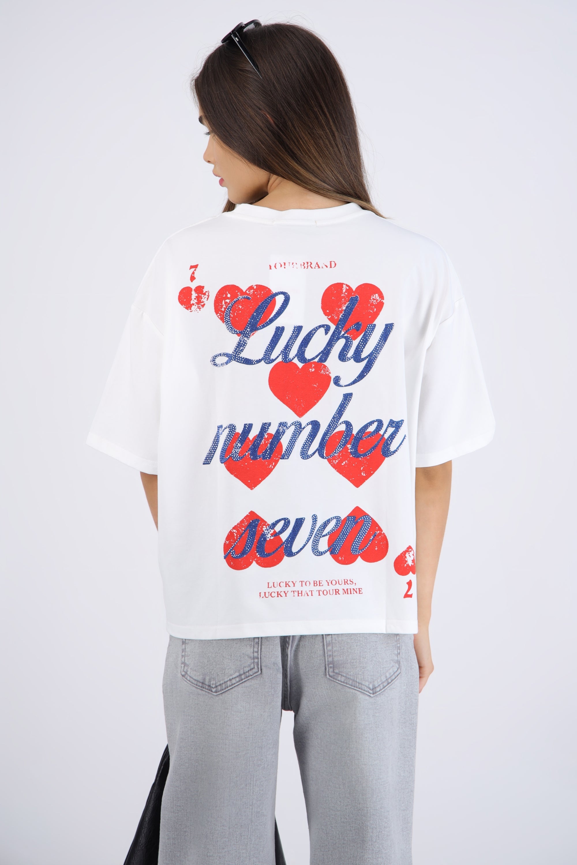 Playera oversized estampado lucky number BLANCO
