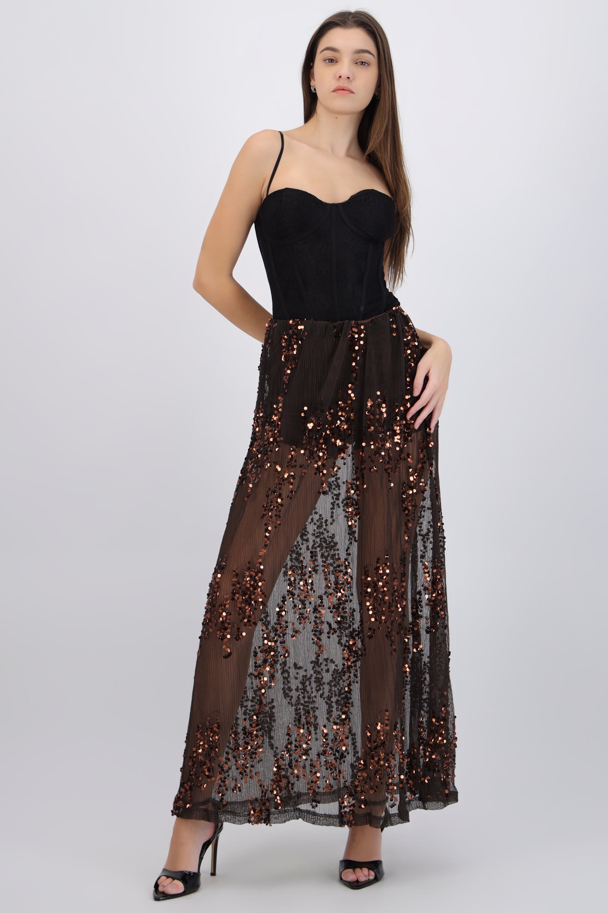 Falda midi mesh lentejuela
