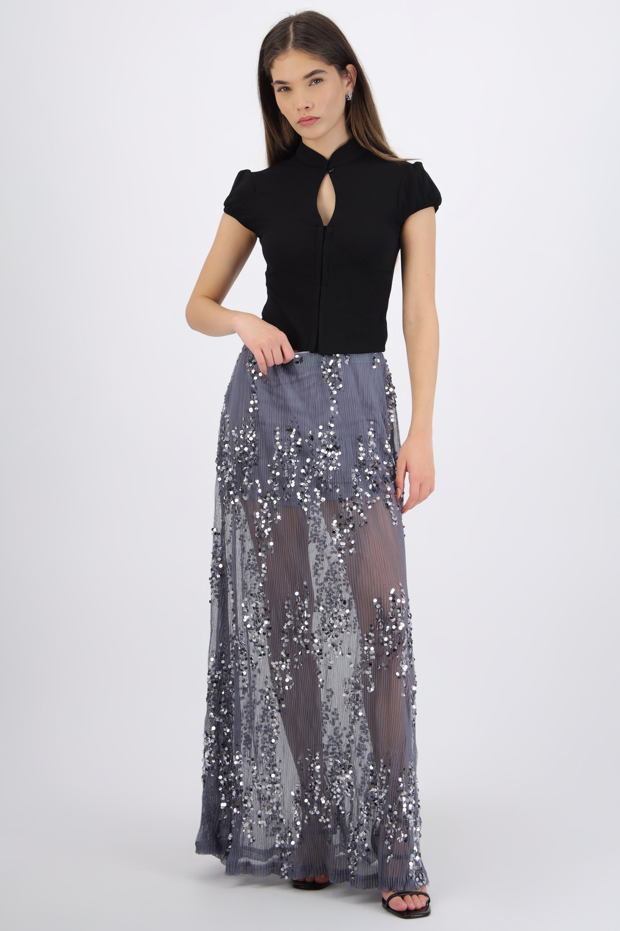 Falda midi mesh lentejuela