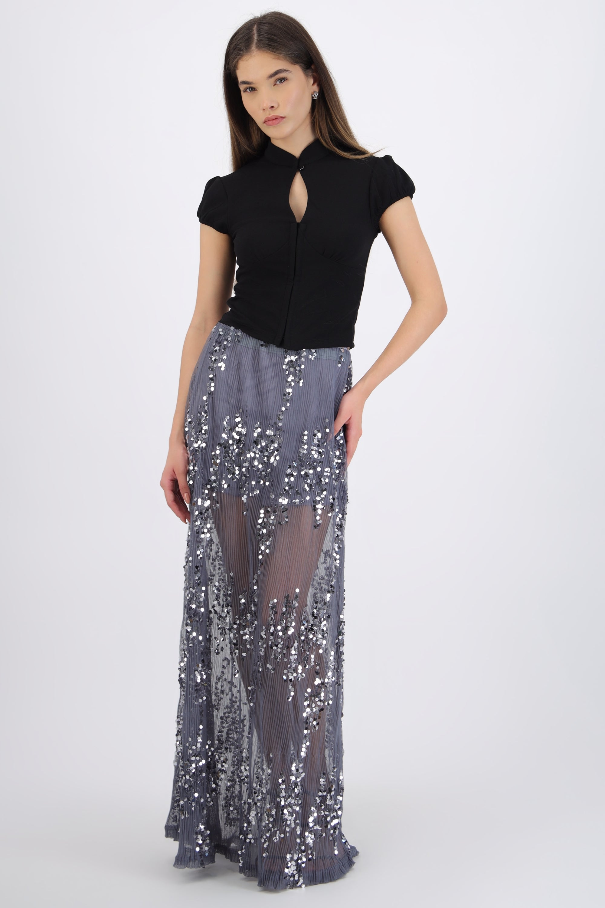 Falda midi mesh lentejuela