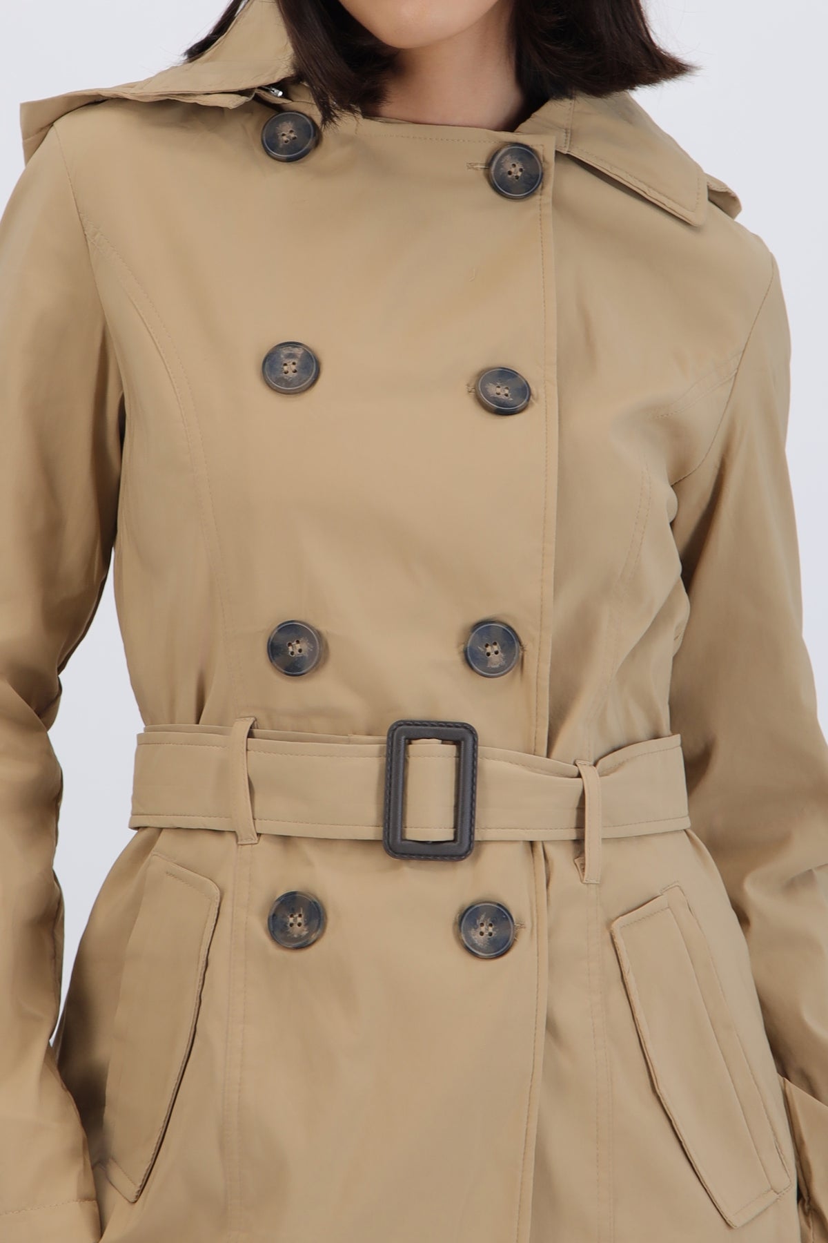 Gabardina midi con peluche detalle botones BEIGE