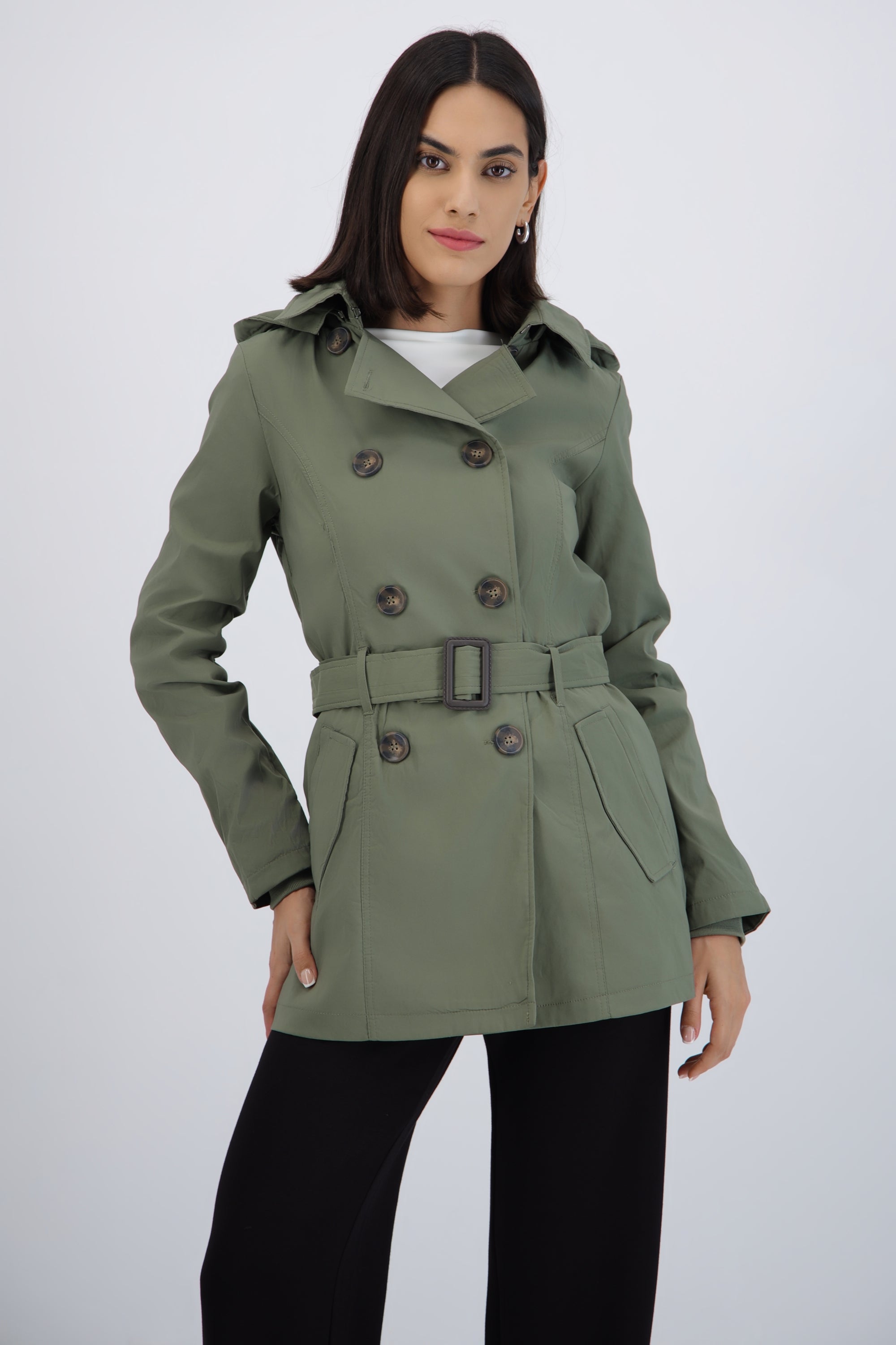 Gabardina midi con peluche detalle botones OLIVO