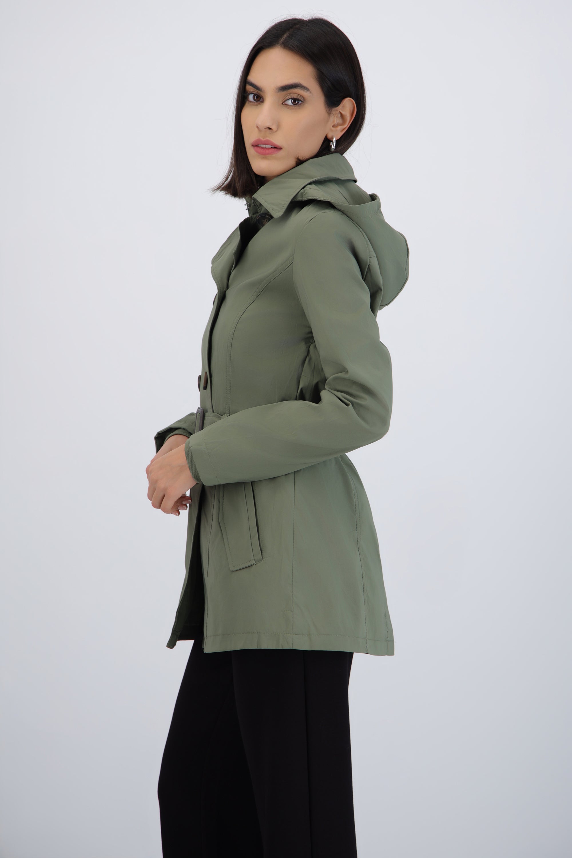 Gabardina midi con peluche detalle botones OLIVO