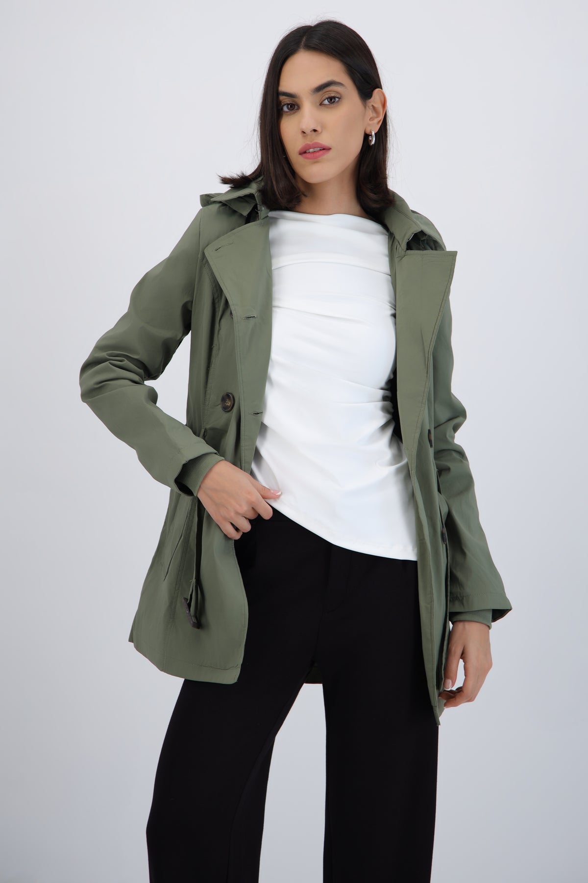 Gabardina midi con peluche detalle botones OLIVO