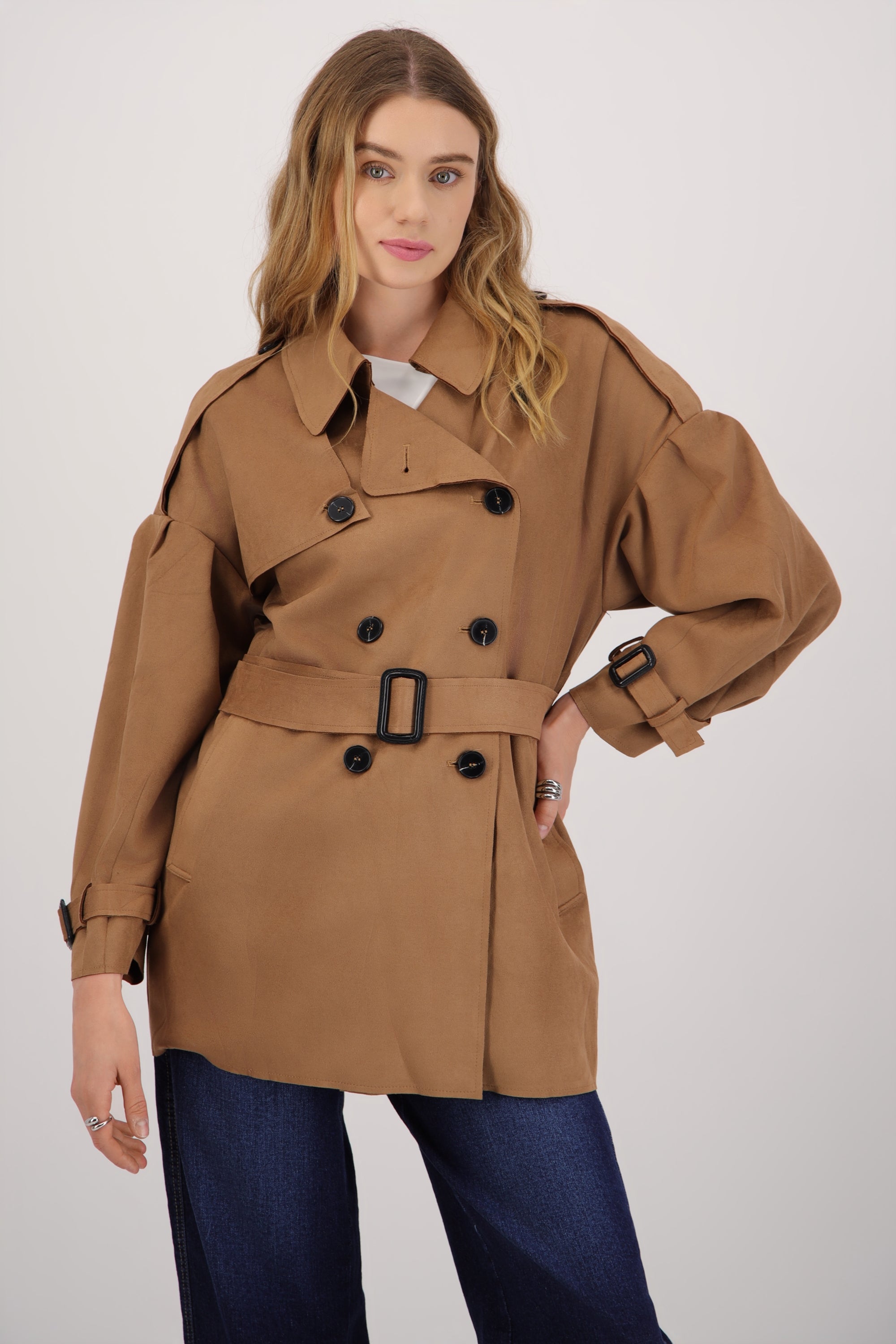 Gabardina suede detalle cinturon CAFE