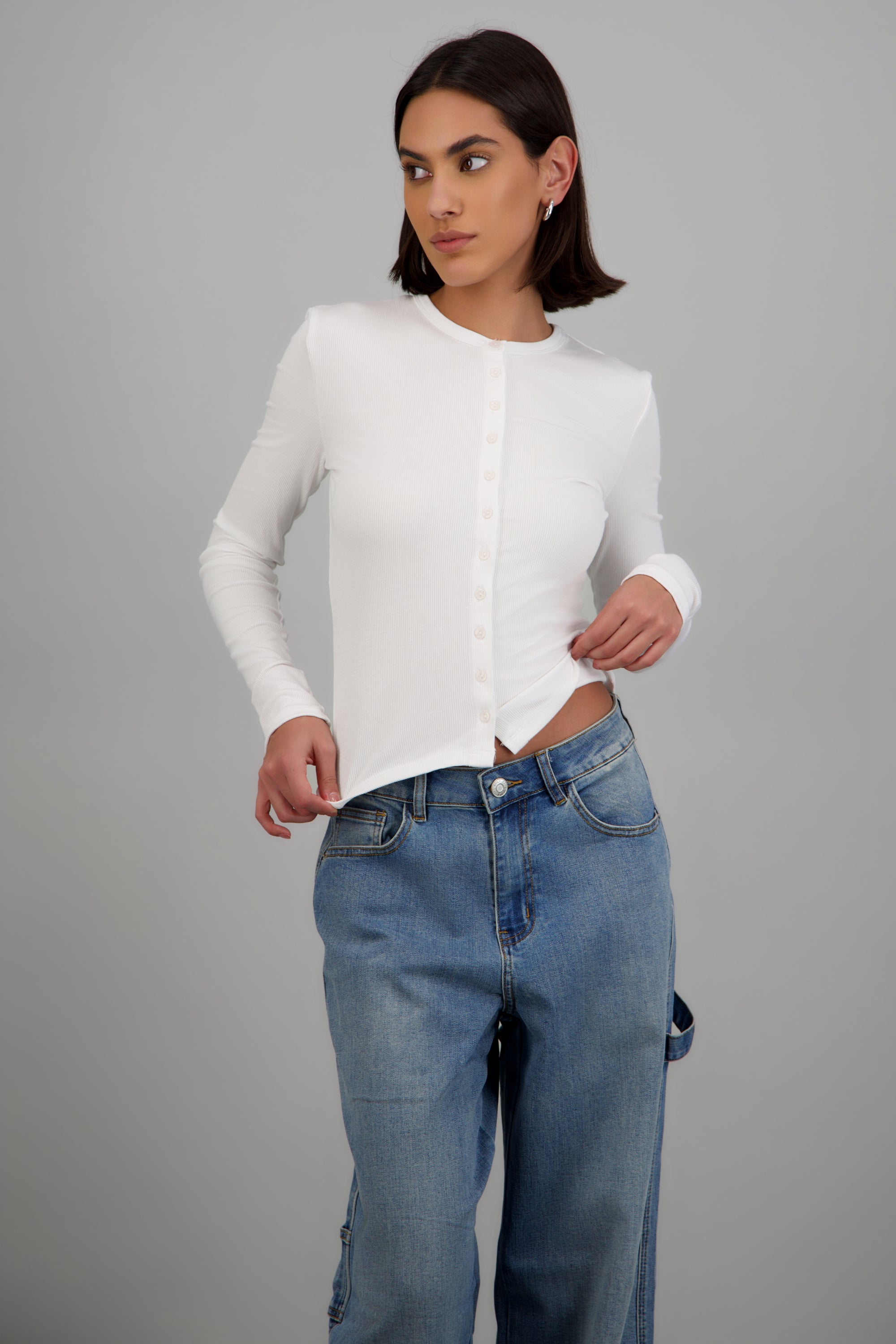 Top manga larga con botones BLANCO
