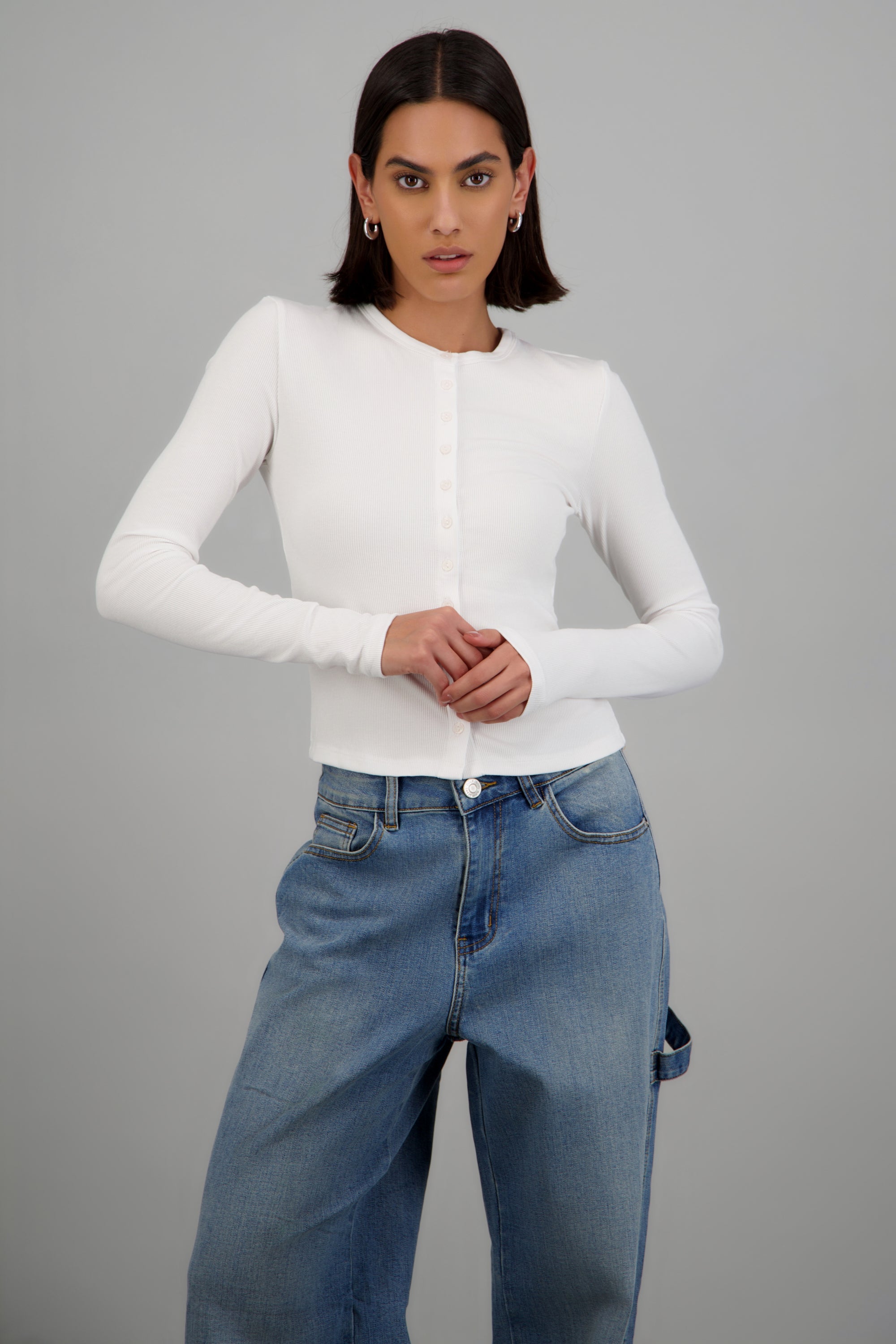 Top manga larga con botones BLANCO