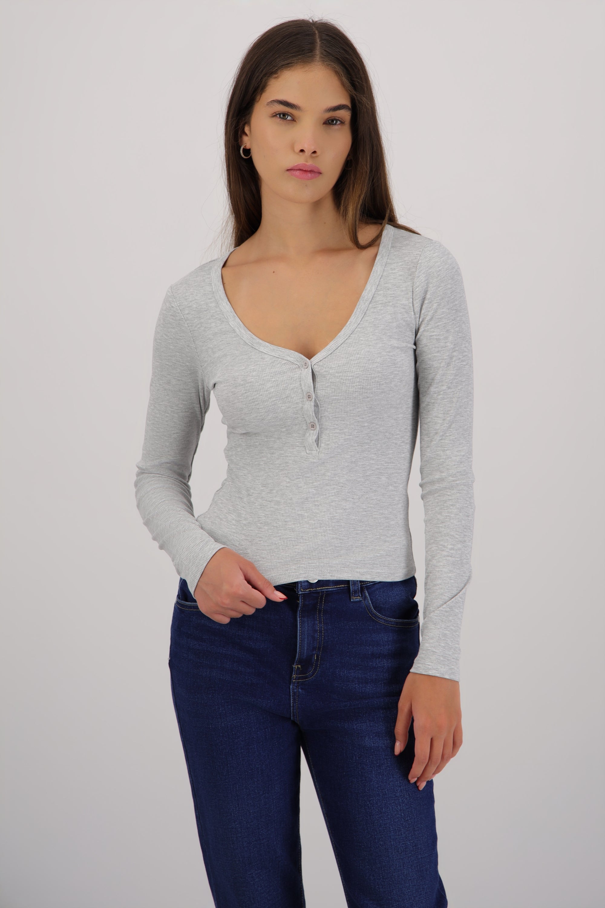 Top escote V botones GRIS JASPE