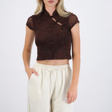Top estilo qipao mesh flock