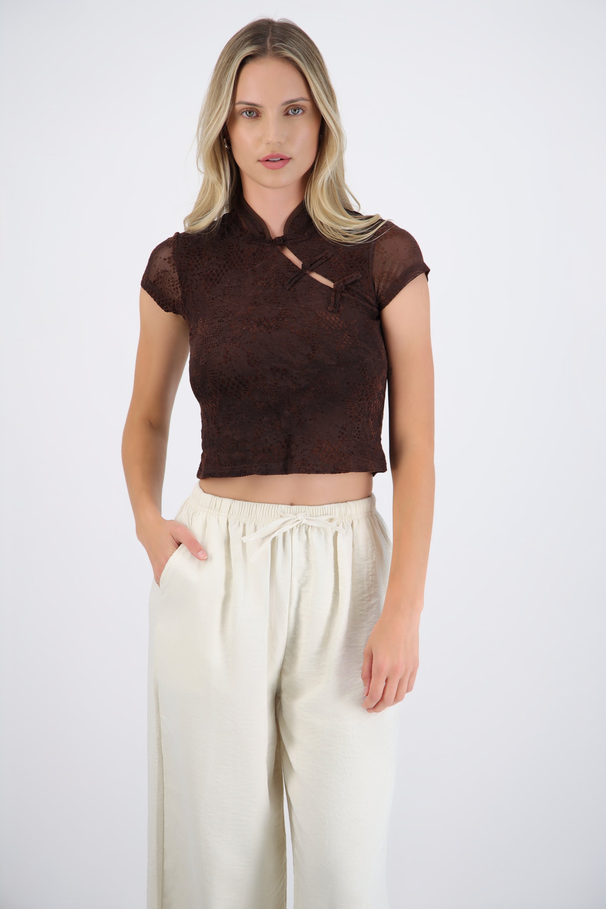Top estilo qipao mesh flock