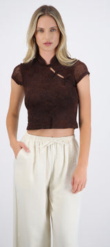 Top estilo qipao mesh flock