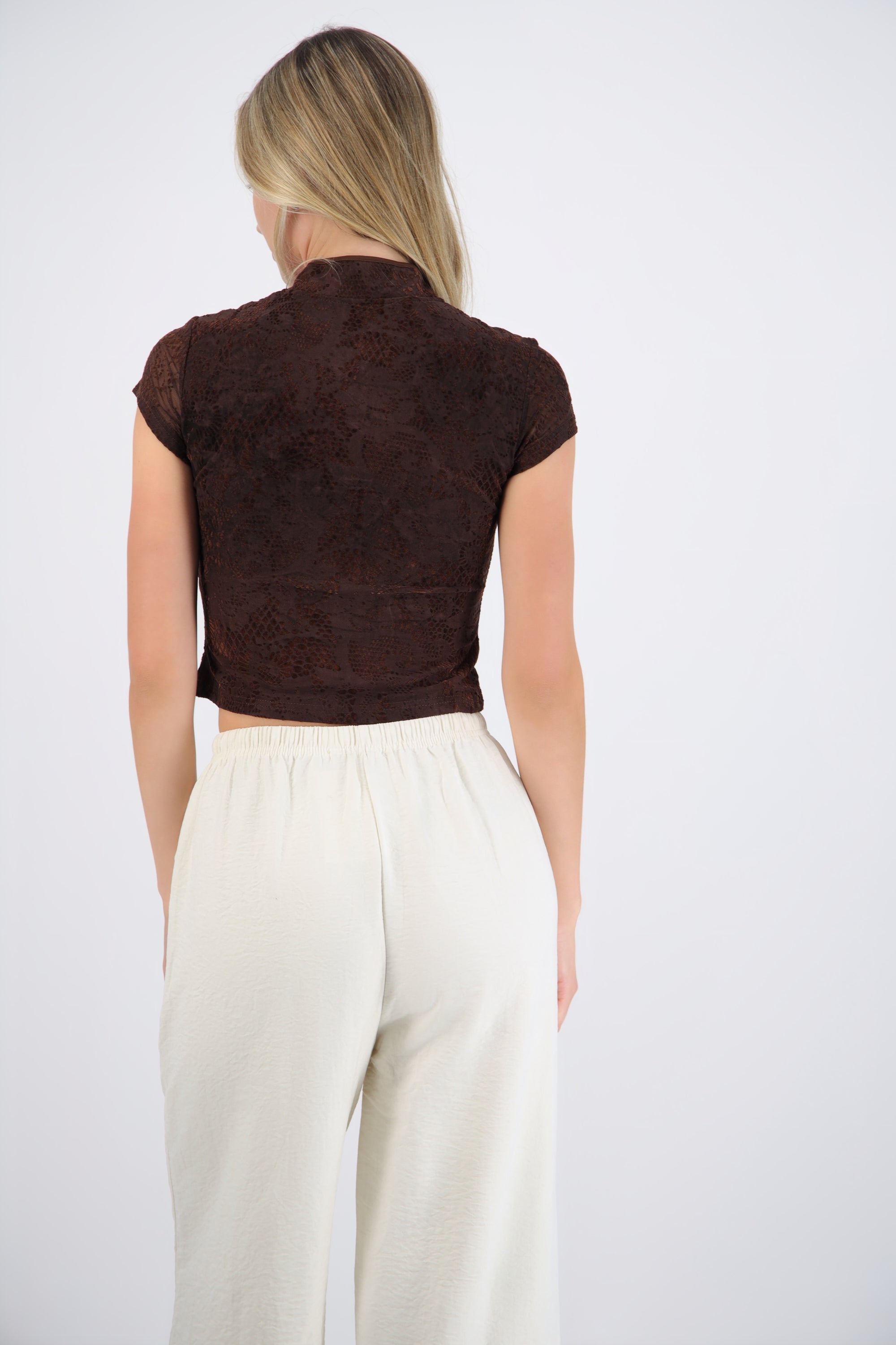 Top estilo qipao mesh flock