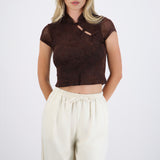 Top estilo qipao mesh flock