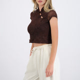 Top estilo qipao mesh flock
