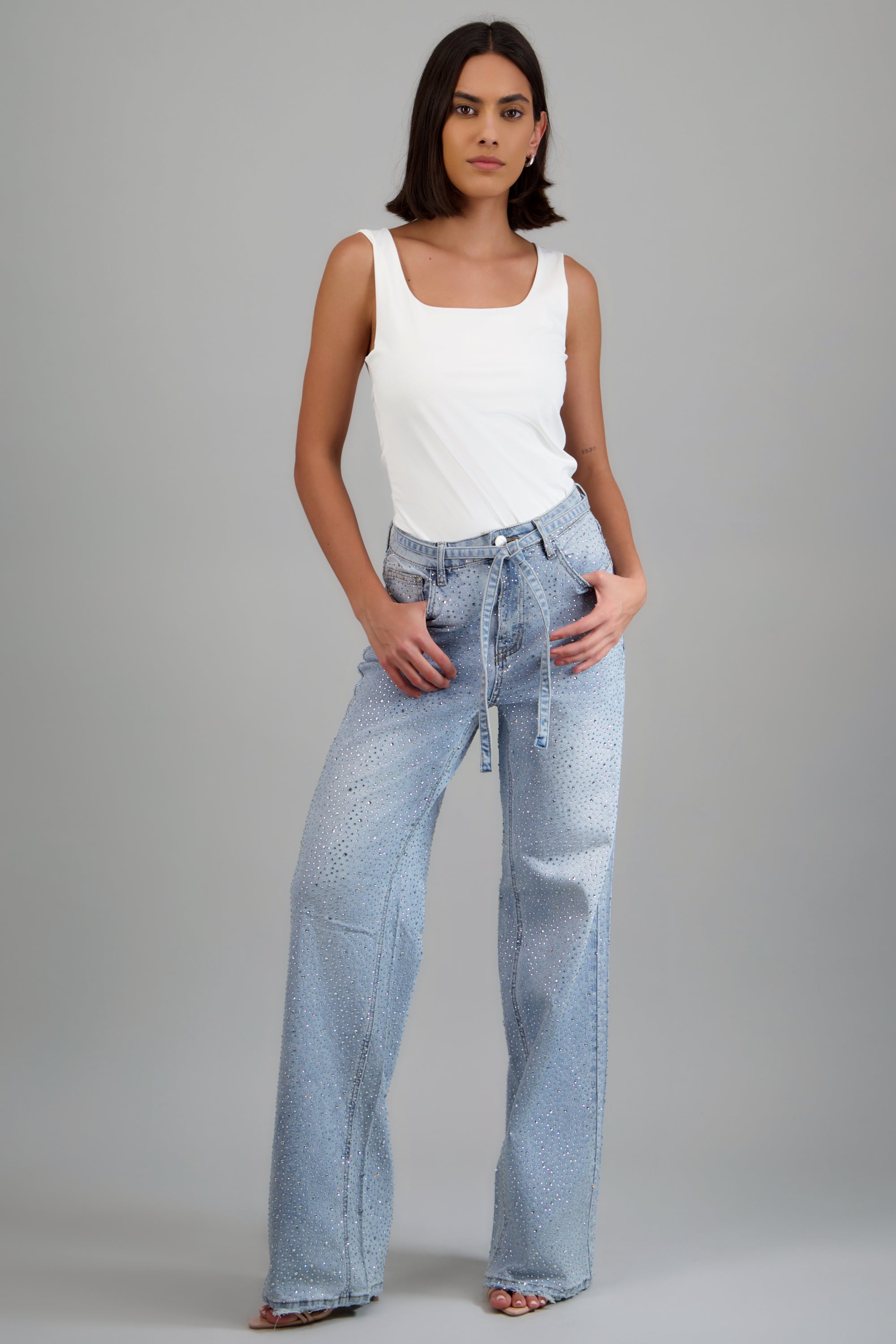 Jeans wide leg full brillos jareta LIGHT WASH