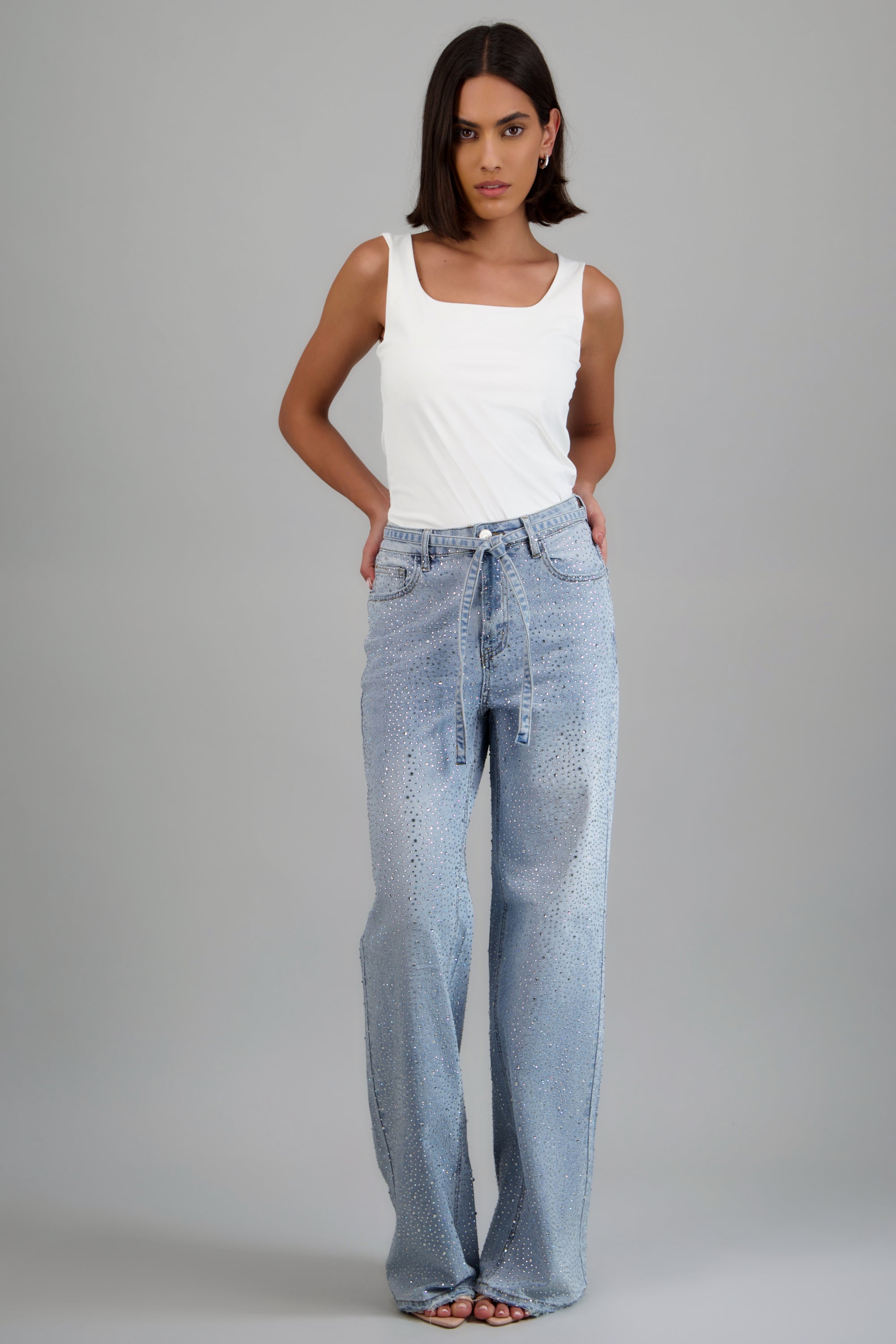 Jeans wide leg full brillos jareta LIGHT WASH