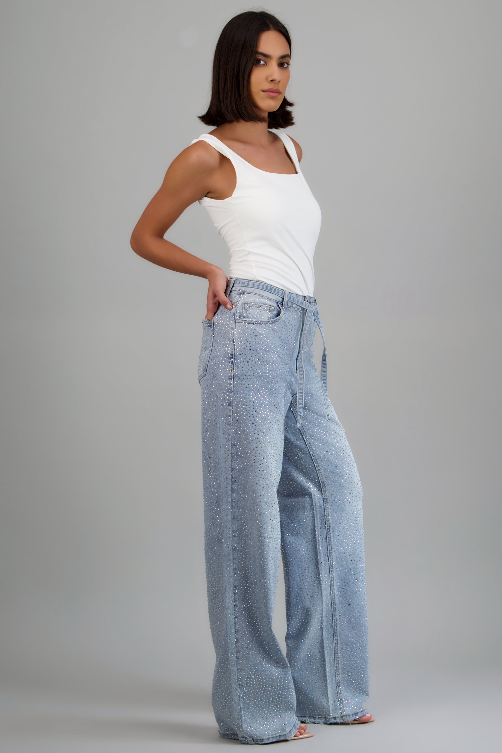 Jeans wide leg full brillos jareta LIGHT WASH