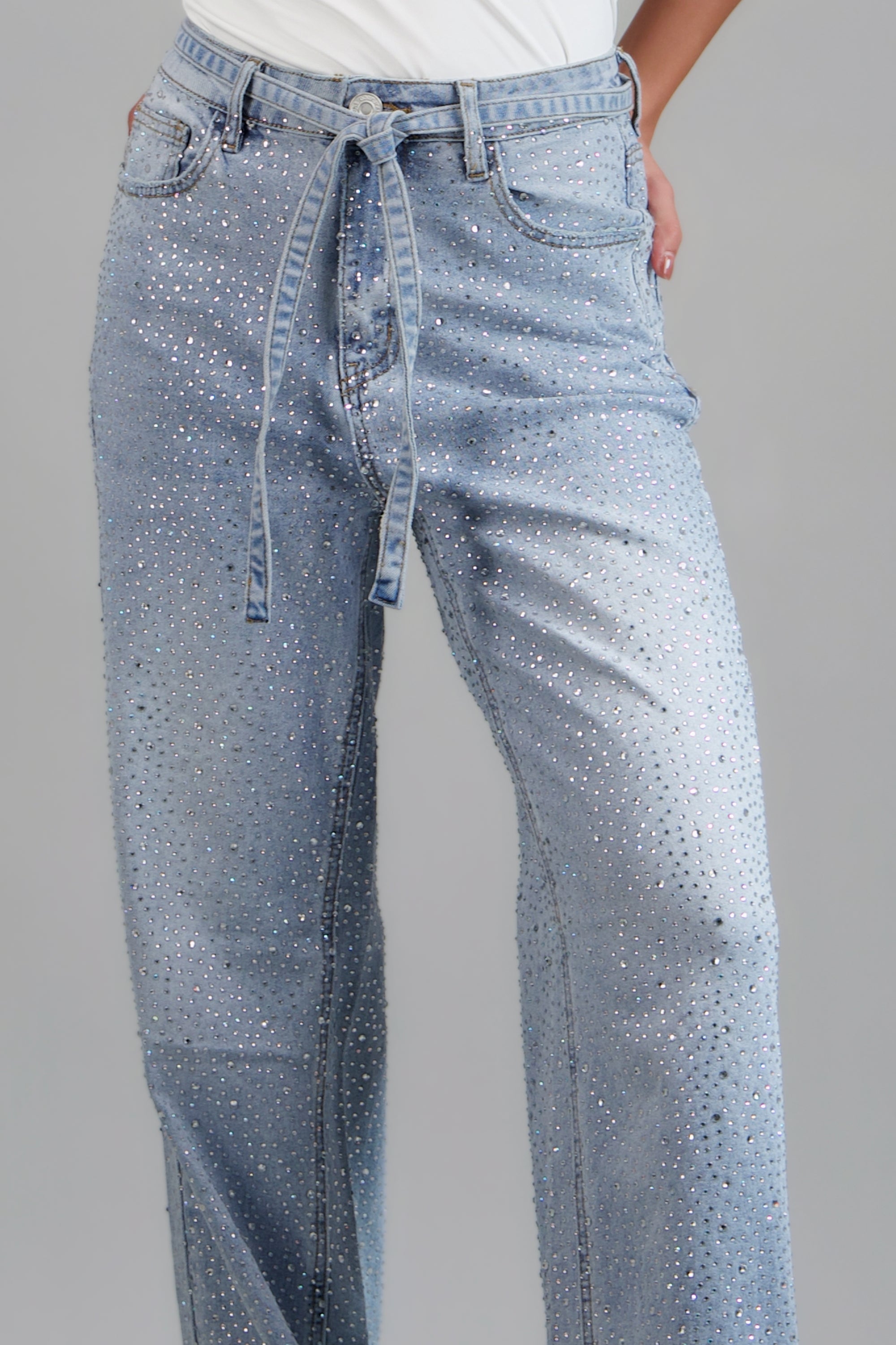 Jeans wide leg full brillos jareta LIGHT WASH