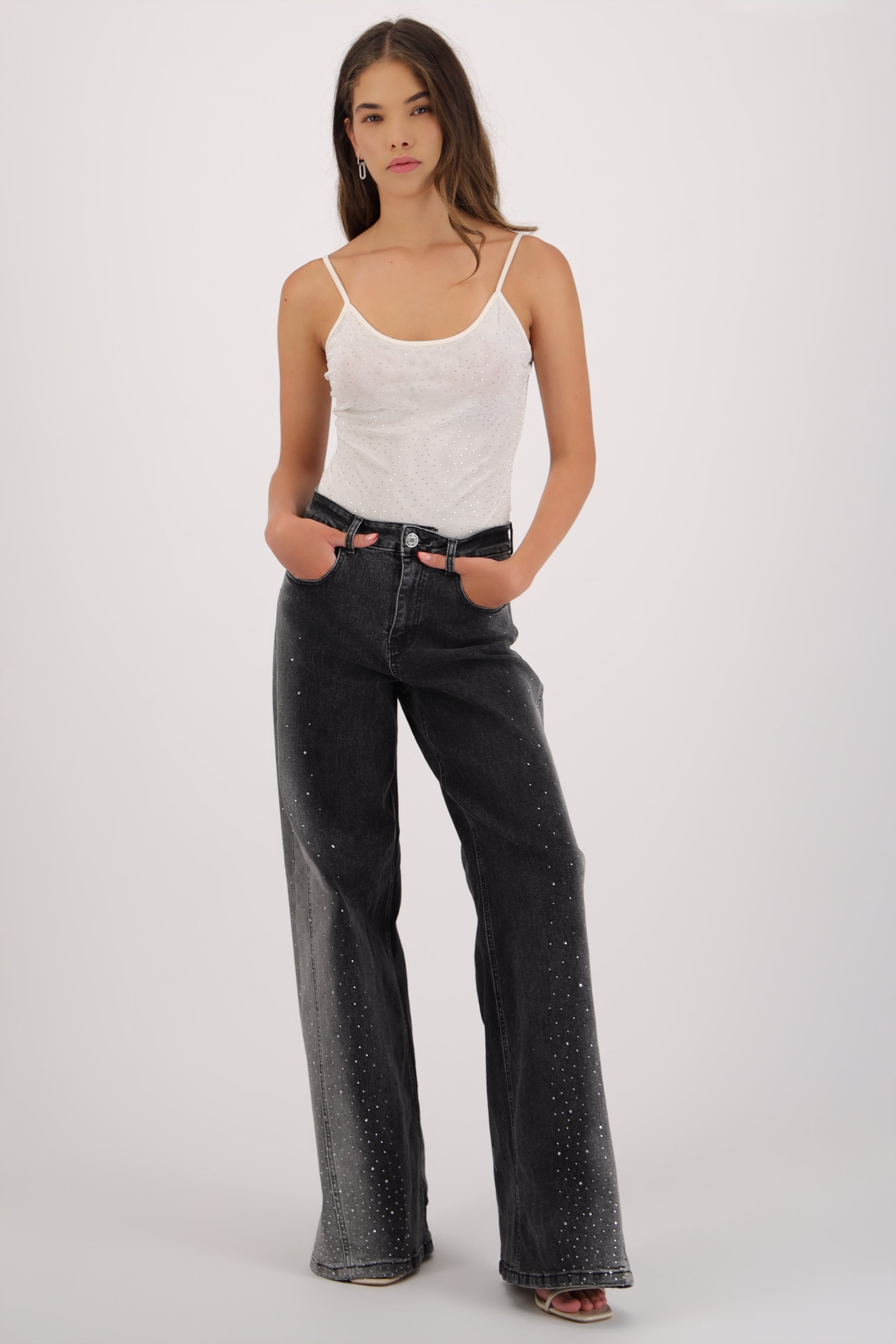 Jeans wide leg brillos degradado NEGRO