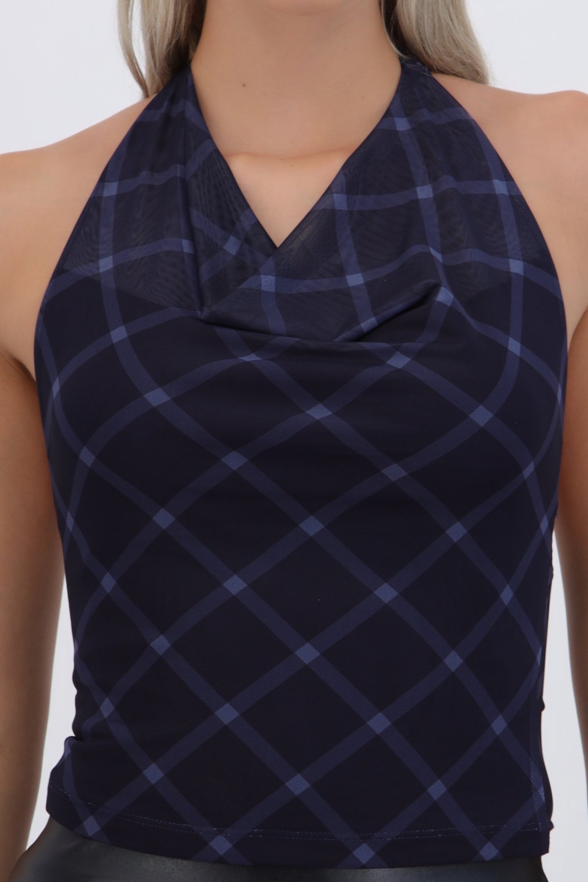 Top halter cascada estampado cuadros AZUL MARINO