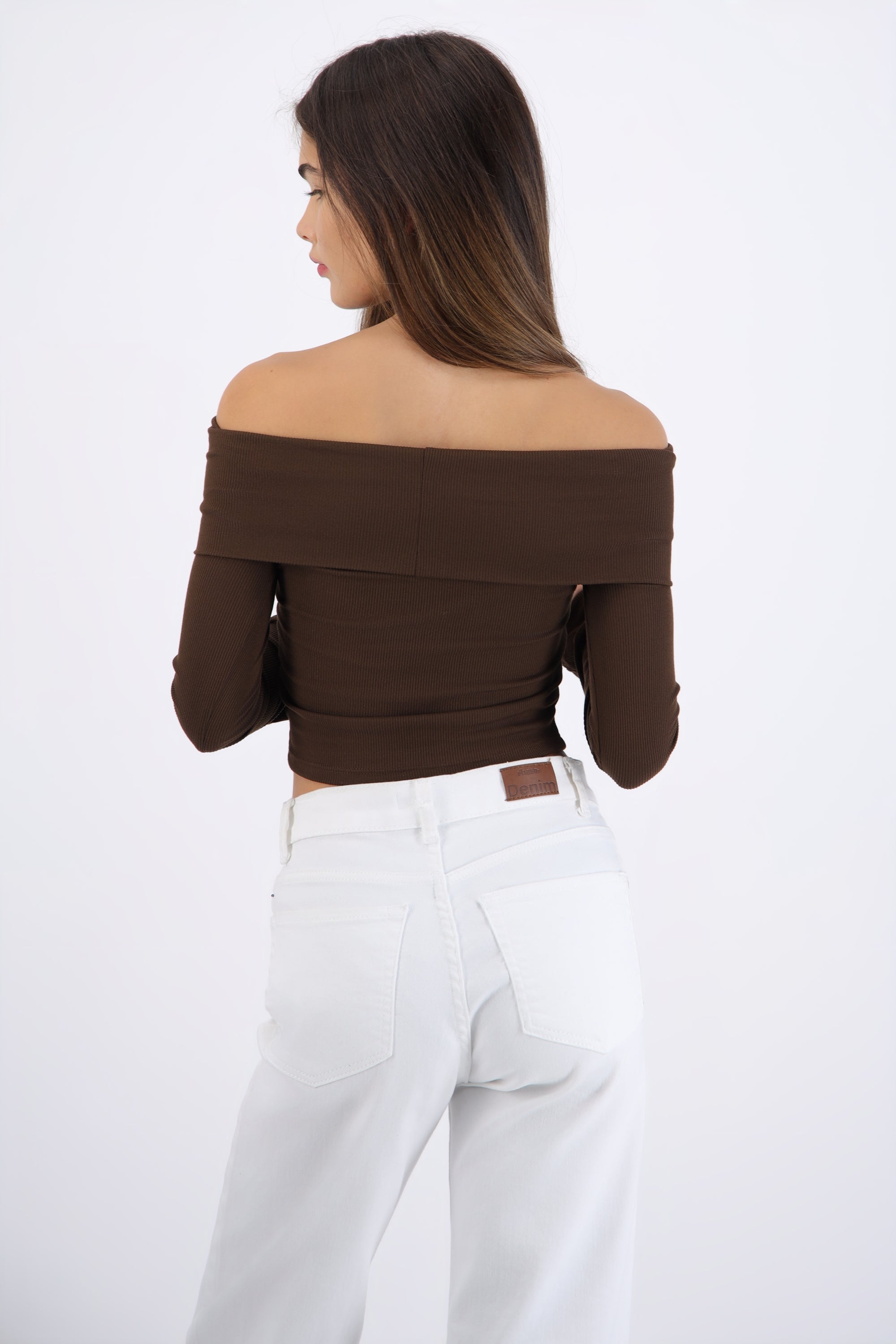 Top off shoulder manga larga rib CHOCOLATE