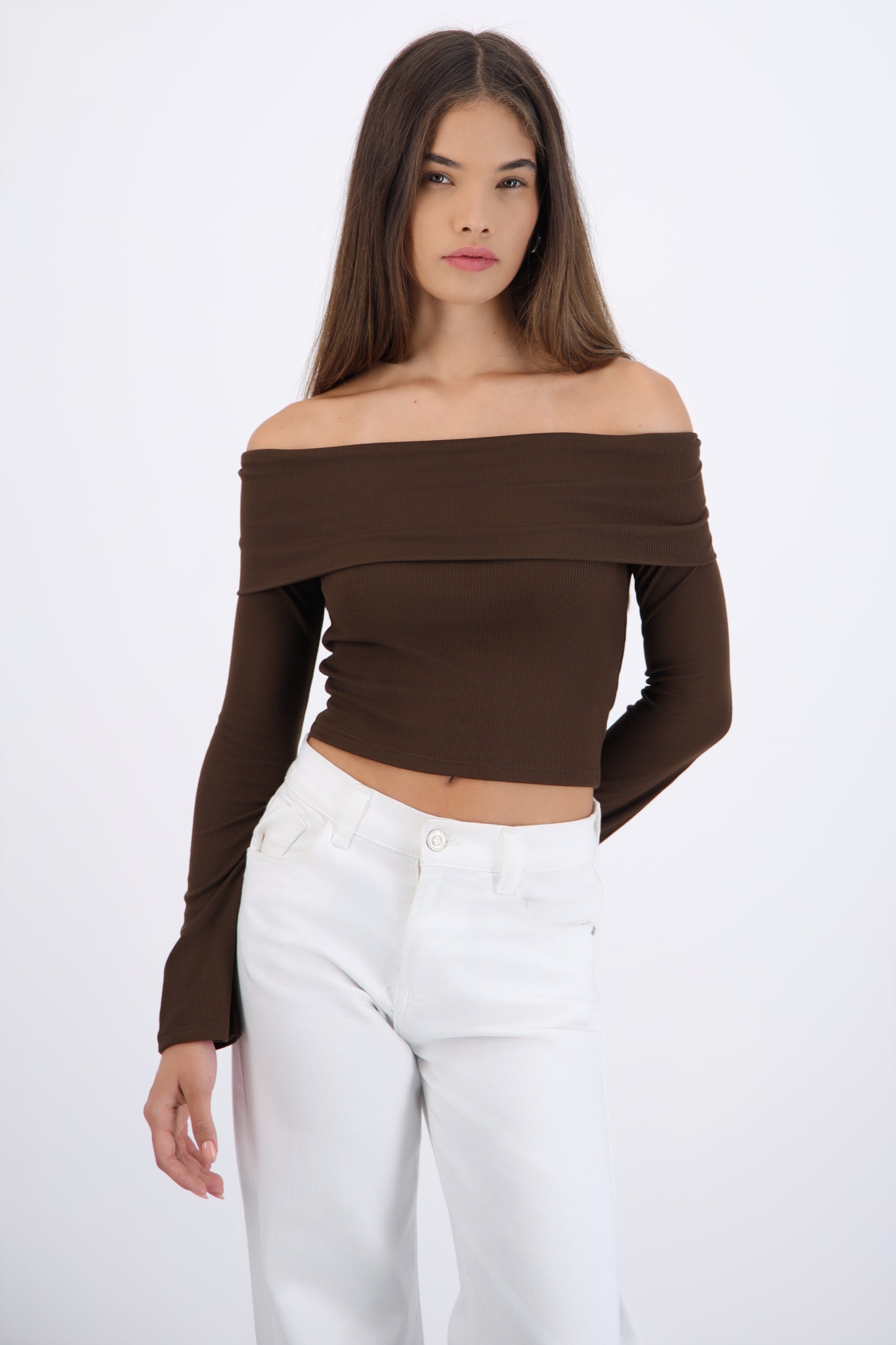 Top off shoulder manga larga rib CHOCOLATE