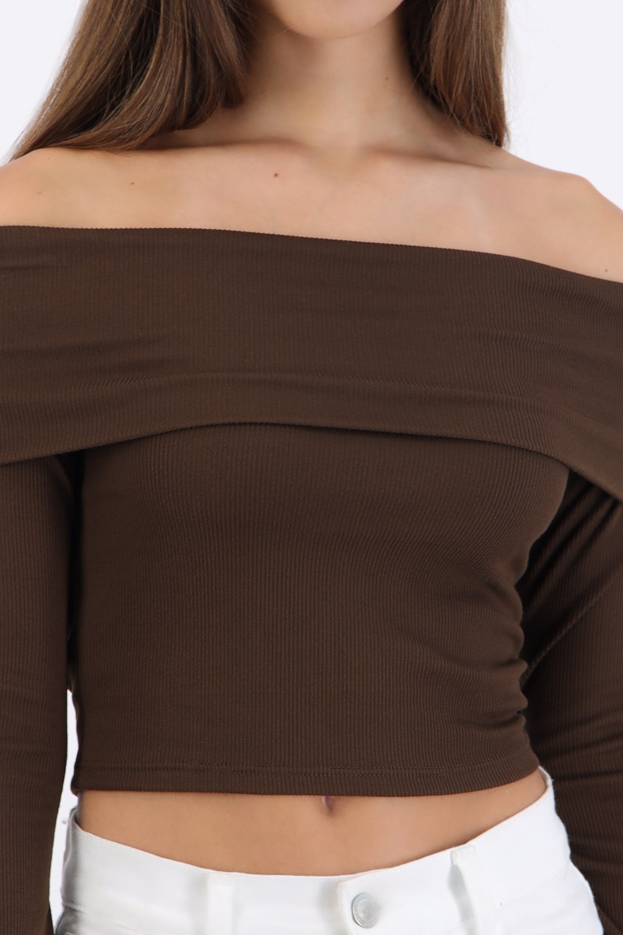 Top off shoulder manga larga rib CHOCOLATE