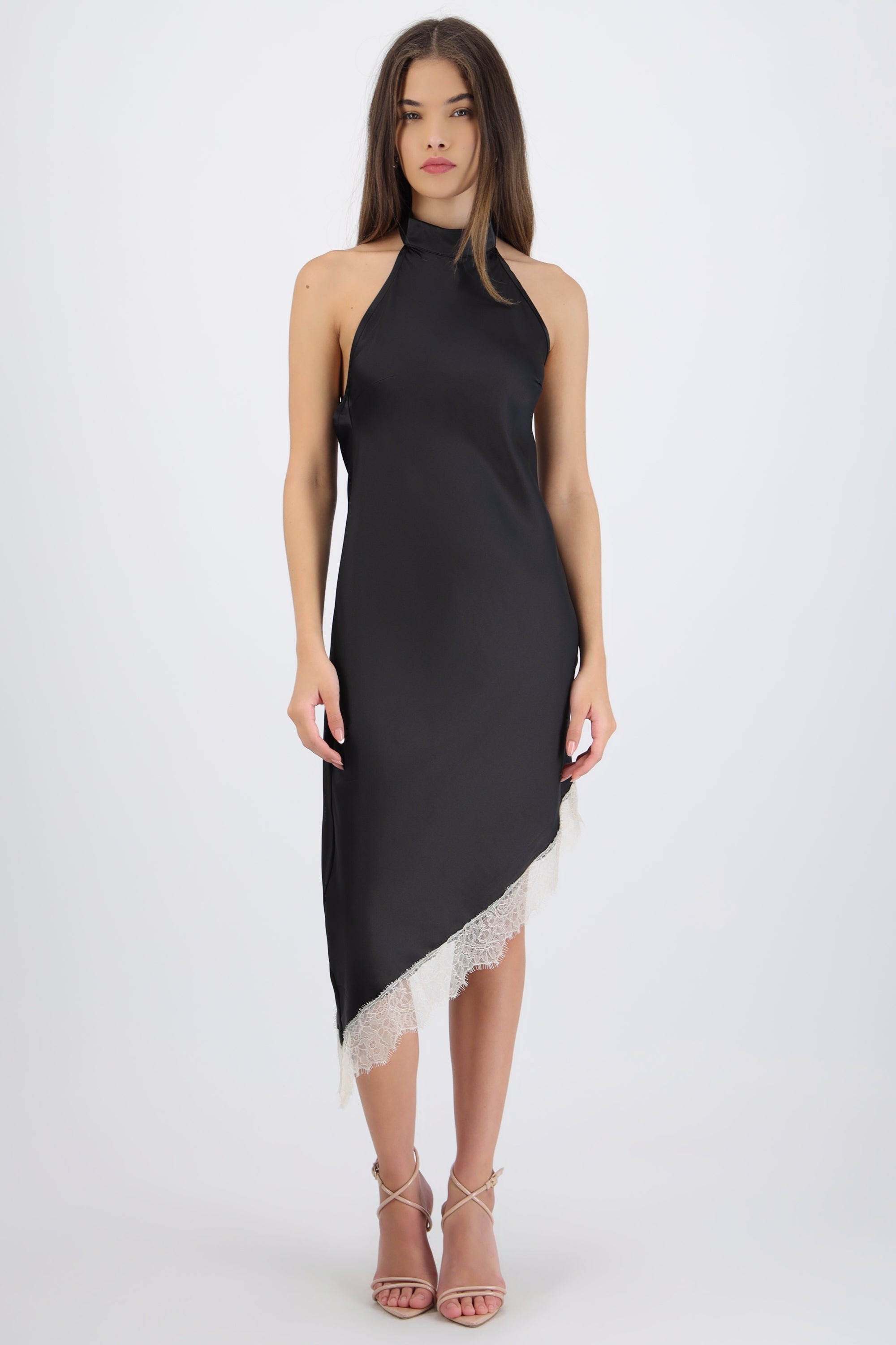 Vestido halter encaje asimetrico