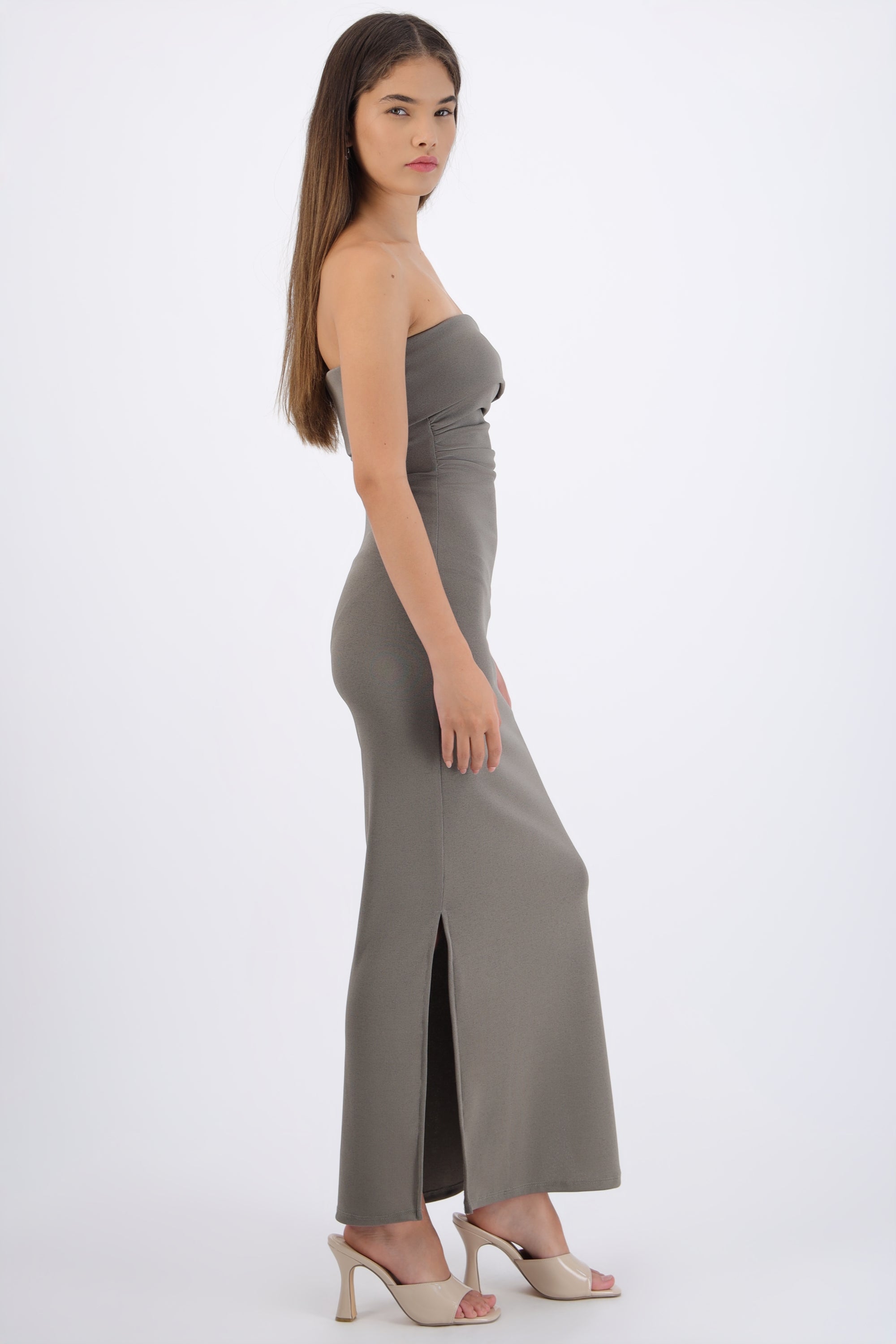 Vestido maxi rib strapless OLIVO