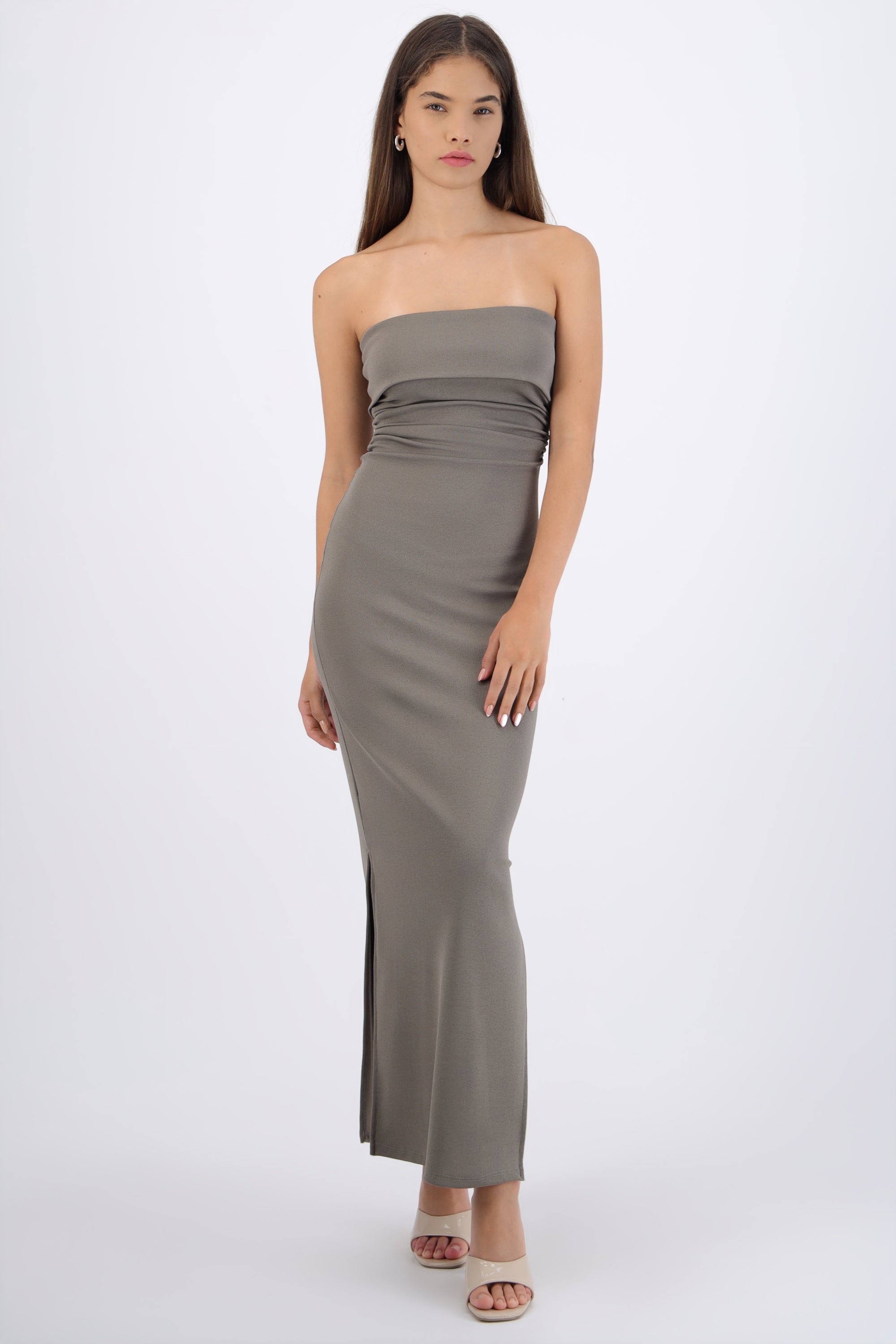 Vestido maxi rib strapless OLIVO