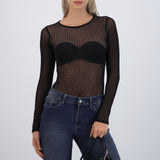 Bodysuit manga larga mesh flock