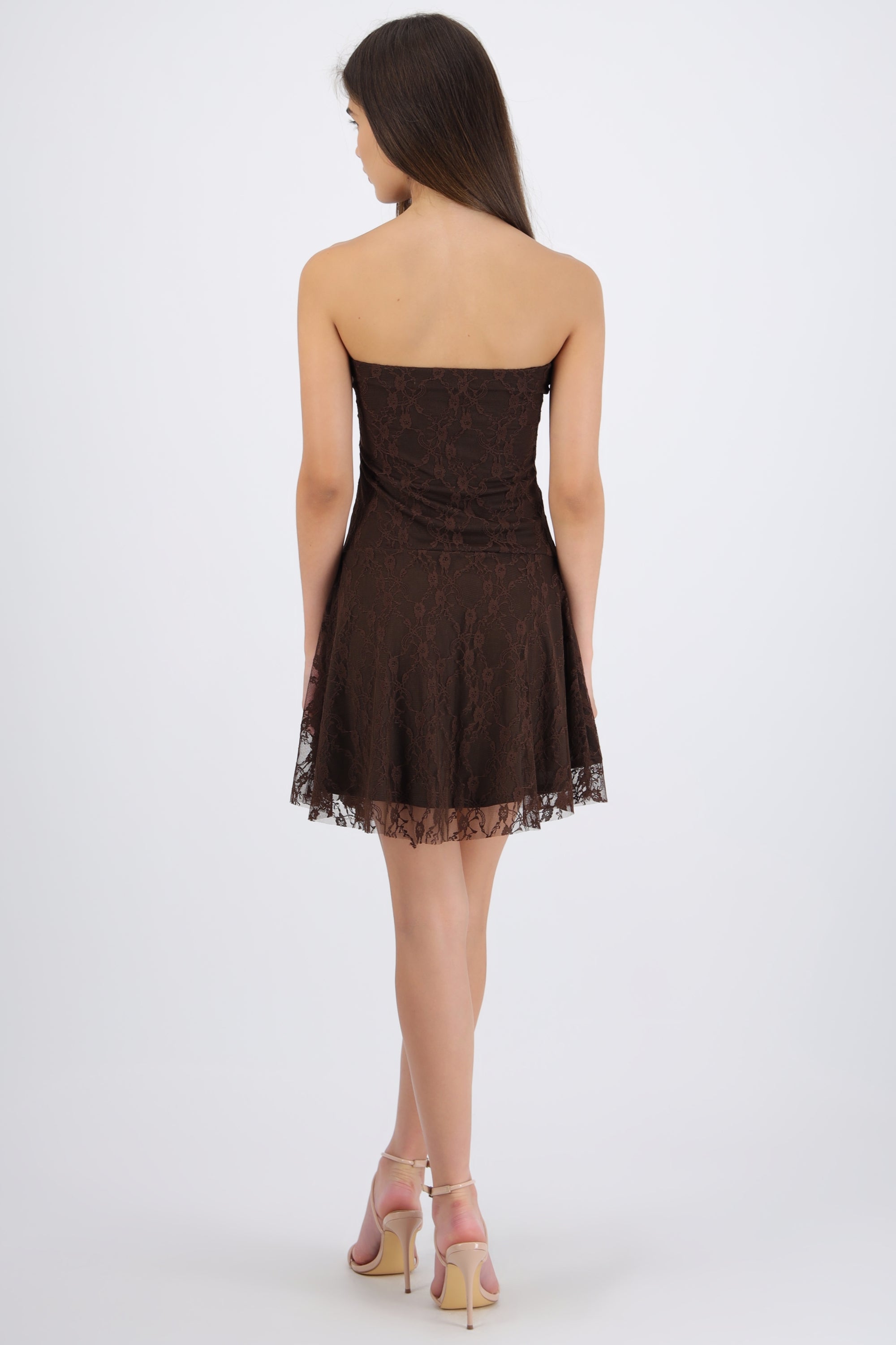 Vestido mini strapless encaje