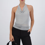 Top halter cuello cascada metálico