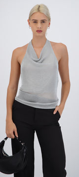 Top halter cuello cascada metálico