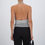 Top halter cuello cascada metálico